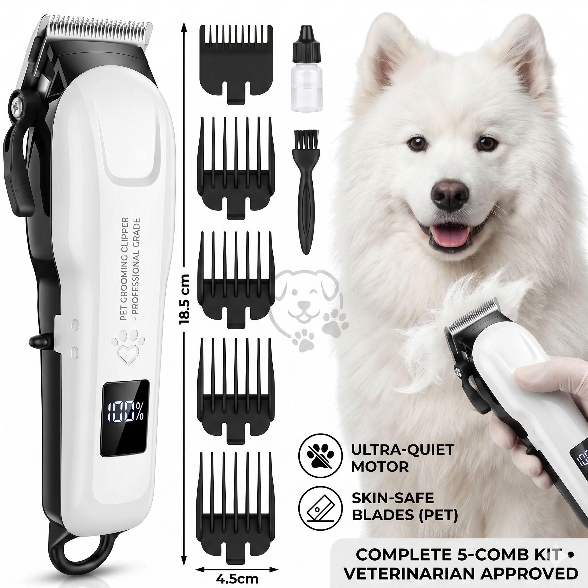 V118 Silent-Motor Pet Trimmer with Skin-Safe Guard & 5H Runtime White Pet Hair Trimmer-image-8