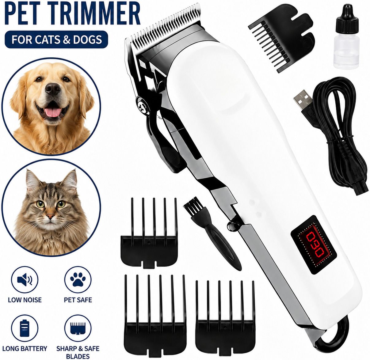 raccoon 809 Pet Grooming Clipper for Dogs, Cats Hair Trimmer with LCD Display White, Black Pet Hair Trimmer-picture-14