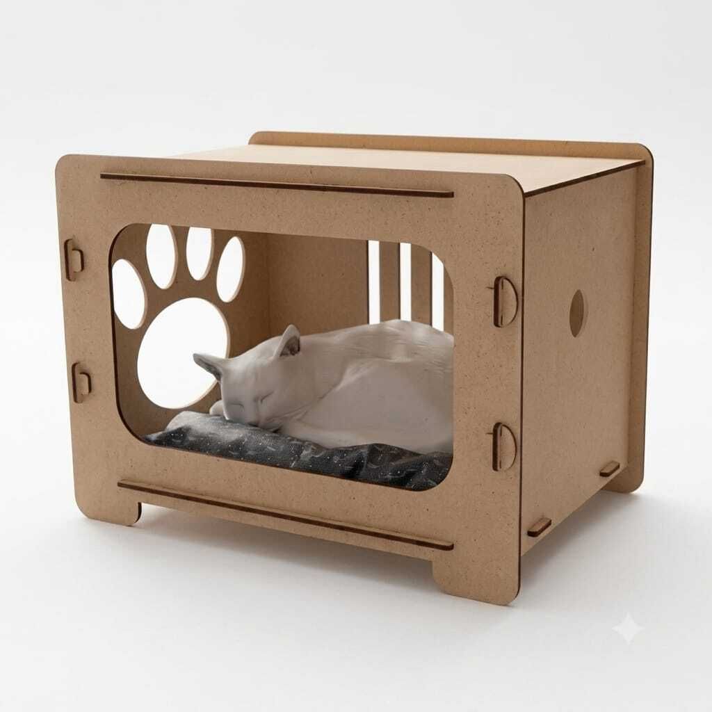 harfi works Indoor Cat Cube Bed House, MDF Wood, 24x19inch, Paw-Print Cutout Cat House-picture-37