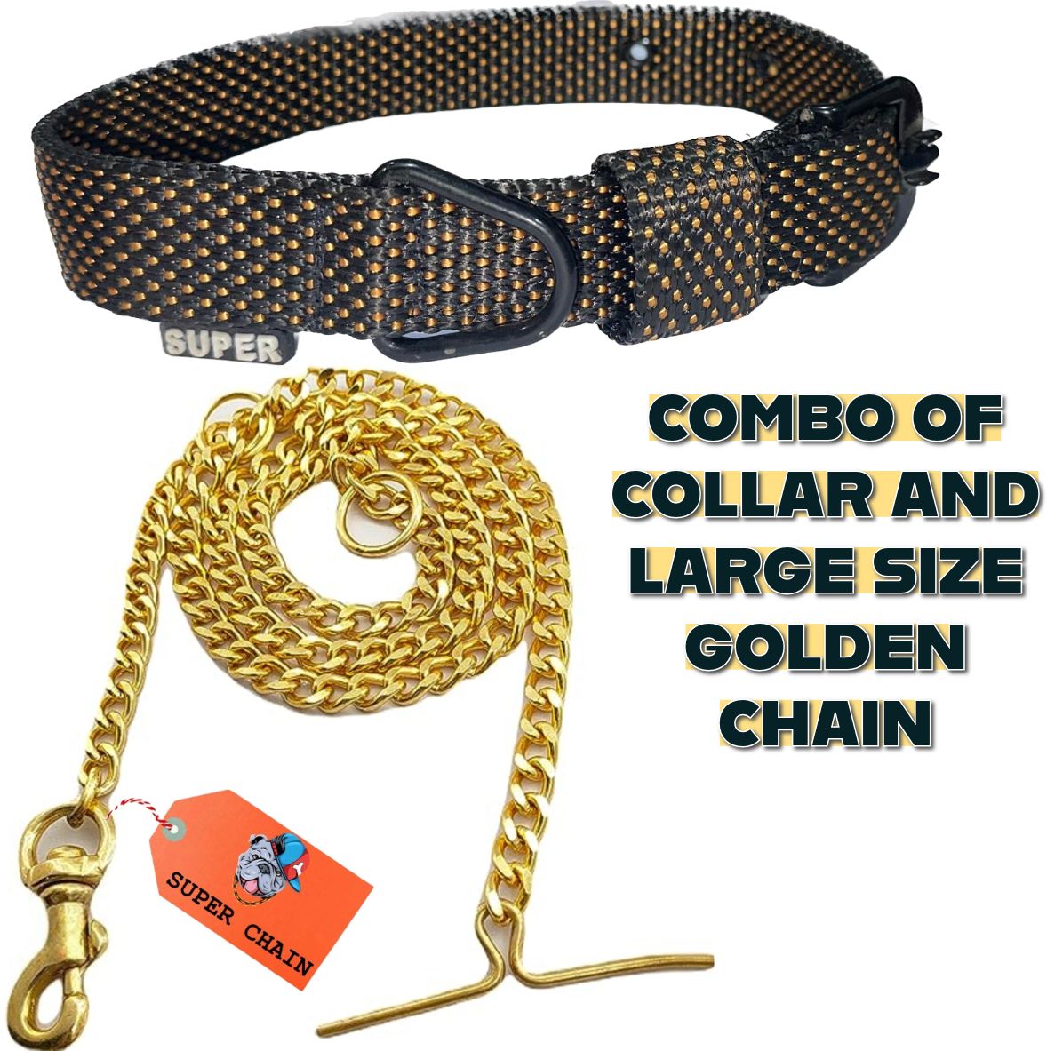 PREMIUM 3D PRINTED Collar Combo With Diamond Cut Gold Dog Chain(LARGE) 160 cm Dog Chain Leash-image-37