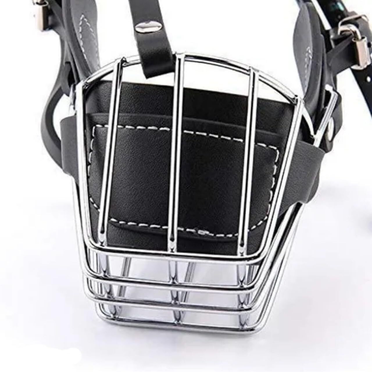 Dog Muzzle,PU Leather & Stainless Steel Metal Wire Anti-Bite Bark muzzle(NO-5) Extra Large Strips Dog Muzzle-image-5