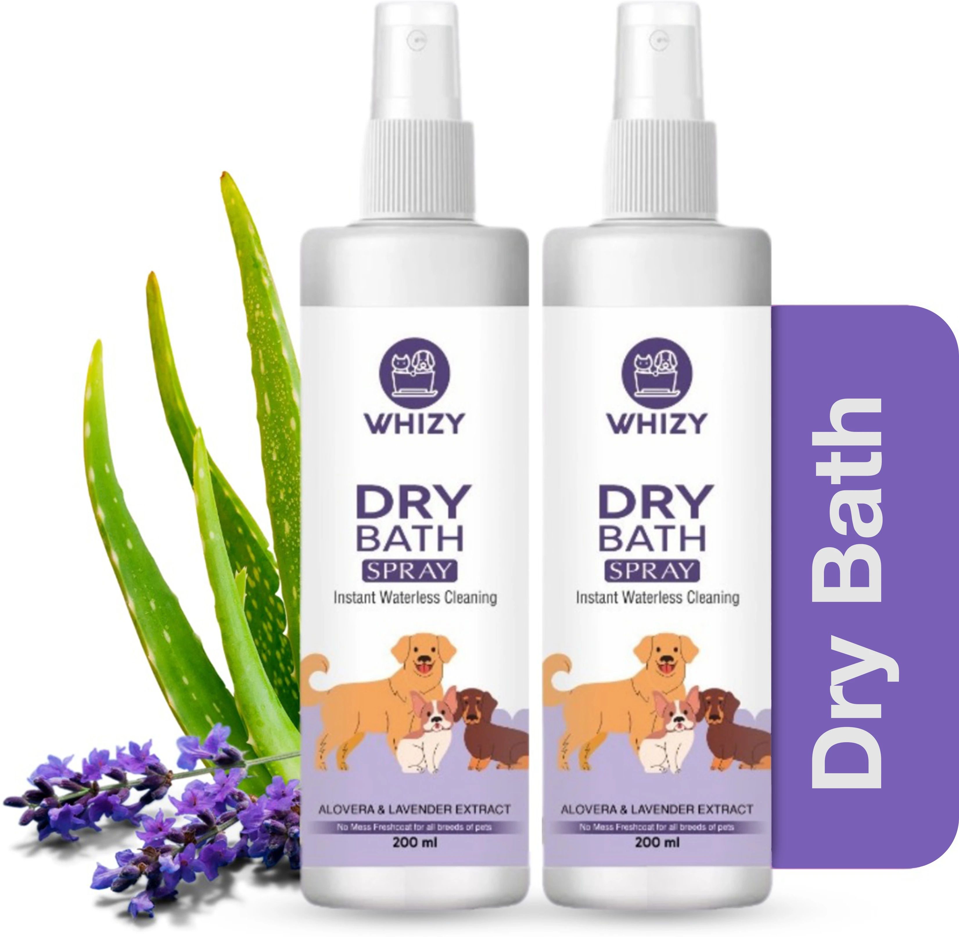 whizy Dry Bath Spray (Pack of 2) | Waterless Cleansing with Lavender Oil | Anti-Bacterial, Itch Relief Aloevera & Lavender Dog Shampoo-picture-5