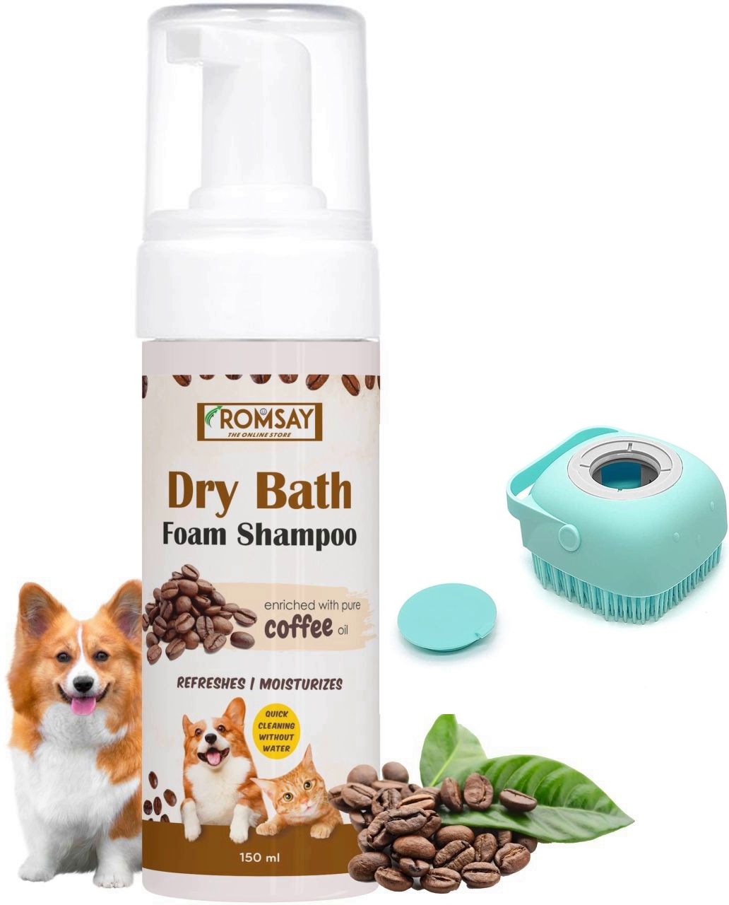 Pet Bathing Silicone Brush With Dry Bath Foam Shampoo For Dog, Cat & Puppies Allergy Relief, Anti-dandruff, Anti-fungal, Anti-itching, Conditioning, Flea and Tick Coffee Dog Shampoo-image-44