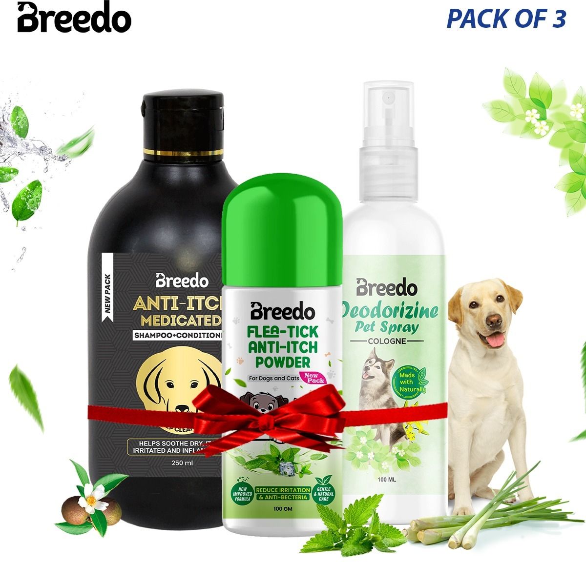 breedo Dog (Combo of 3) Anti-Itch Shampoo + Deodorizine Perfume 100 ml + Powder 140 Gm Allergy Relief, Conditioning, Anti-fungal, Anti-microbial, Anti-itching, Anti-dandruff Natural Dog Shampoo-picture-22