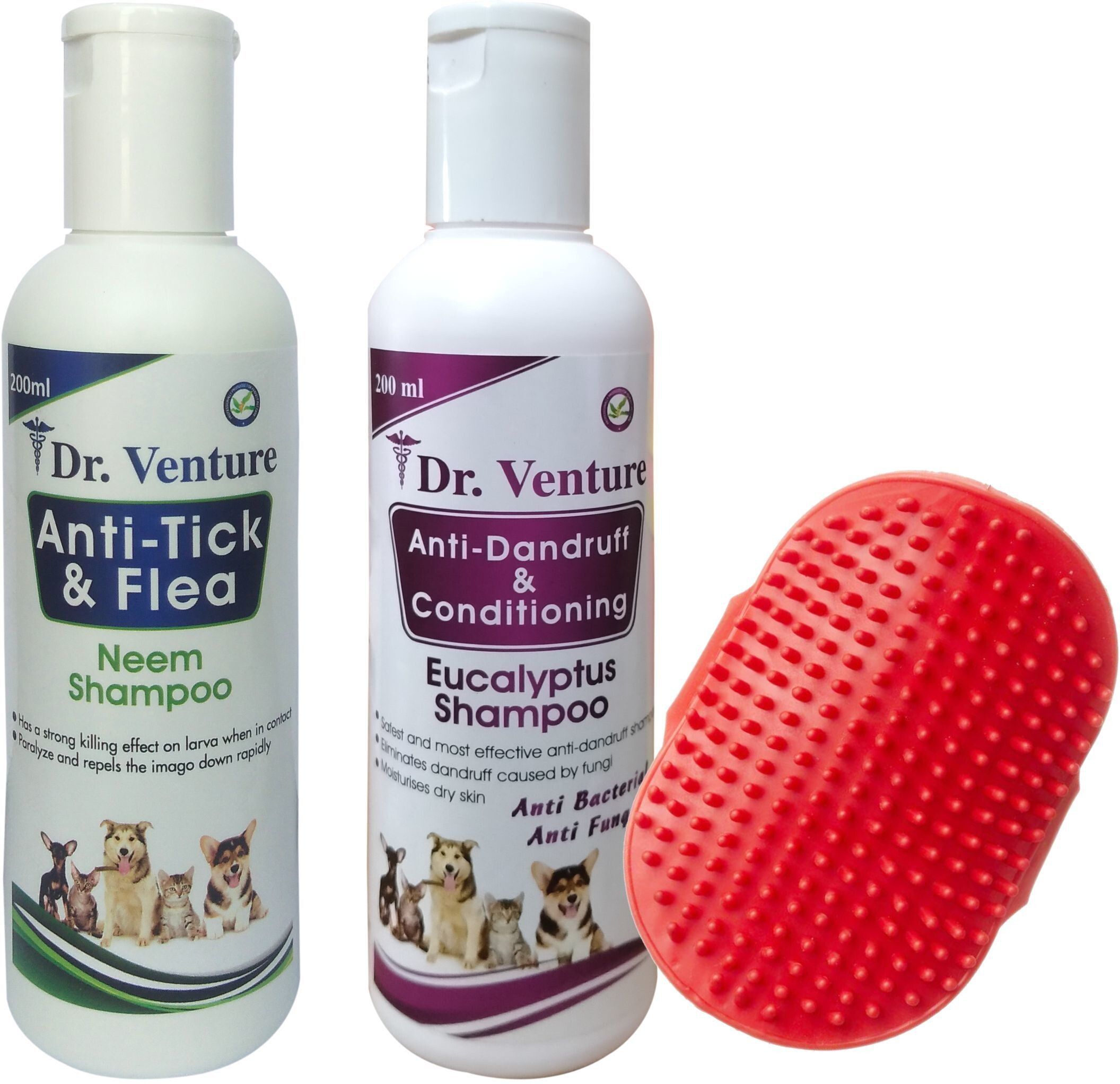 Anti-tick Shampoo 200 ml + Anti Dandruff & Conditioning 200 ml + Pet Brush Allergy Relief, Anti-dandruff, Anti-fungal, Anti-itching, Conditioning, Flea and Tick Natural Dog Shampoo