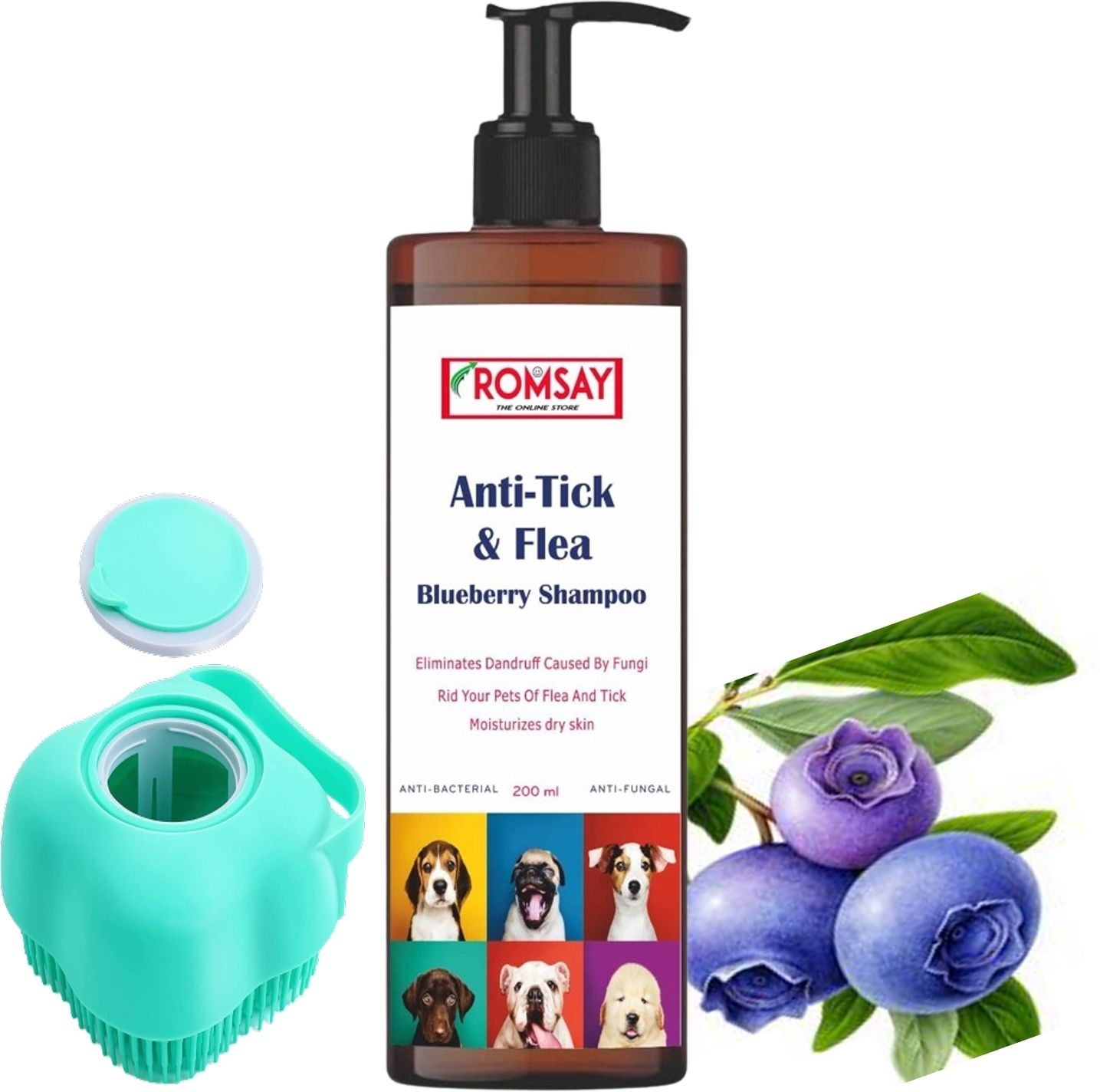 anti-tick & flea blueberry shampoo with pet bathing & massaging brush for pets flea and tick, allergy relief, anti-fungal, anti-itching, whitening and color enhancing blueberry dog shampoo
