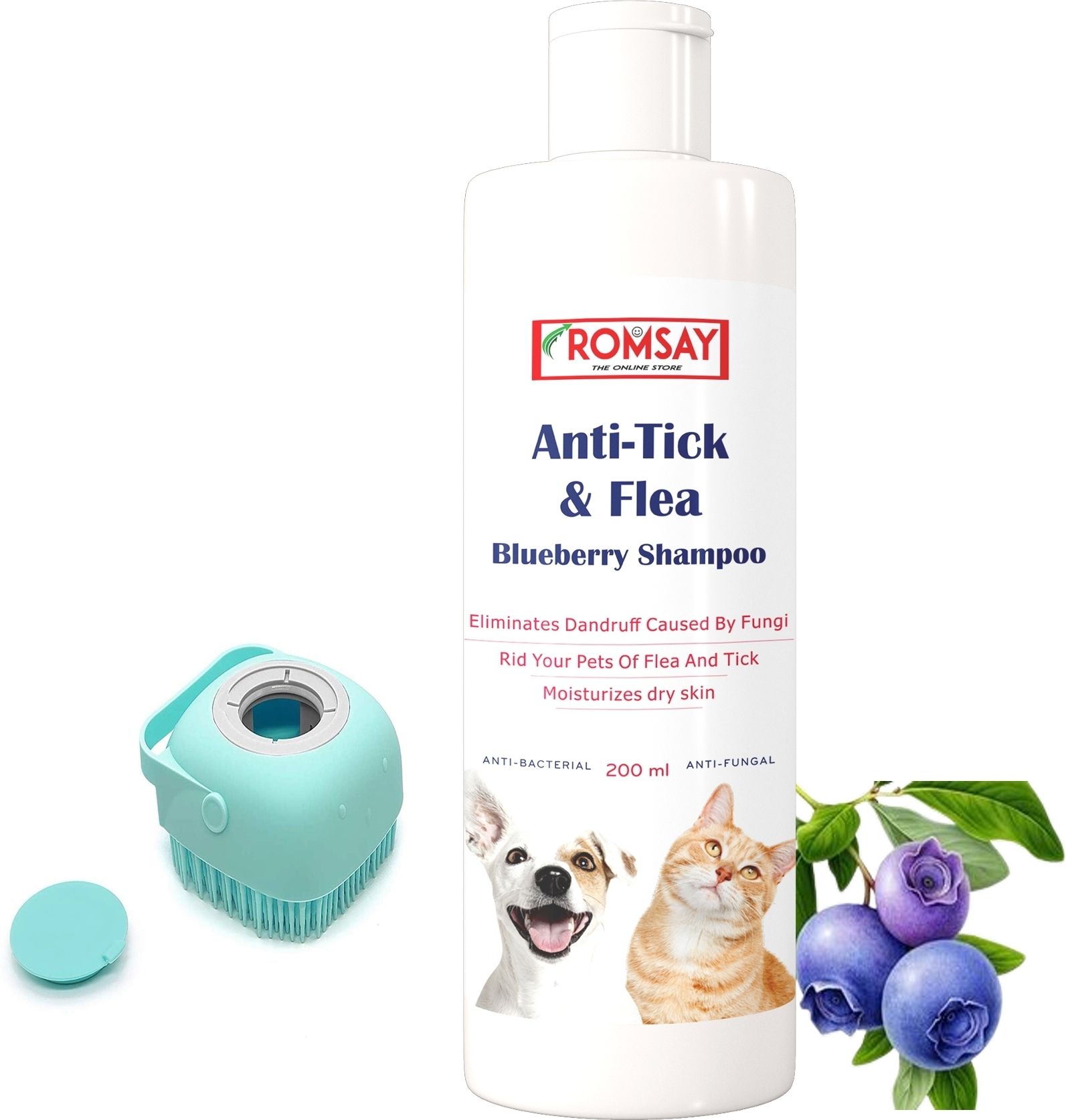 romsay Anti-Tick & Flea Blueberry Shampoo 200ML + Bathing & Massaging Brush For Pets Flea and Tick, Anti-itching, Anti-fungal, Allergy Relief, Anti-Bacterial, Hypoallergenic Blueberry Dog, Cat Shampoo-picture-29