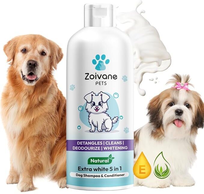 Extra White 5 in 1 Dog Shampoo & Conditioner with , Natural Herbs Allergy Relief, Anti-microbial, Whitening and Color Enhancing, Anti-itching With Tea Tree, Aloe Dog Shampoo