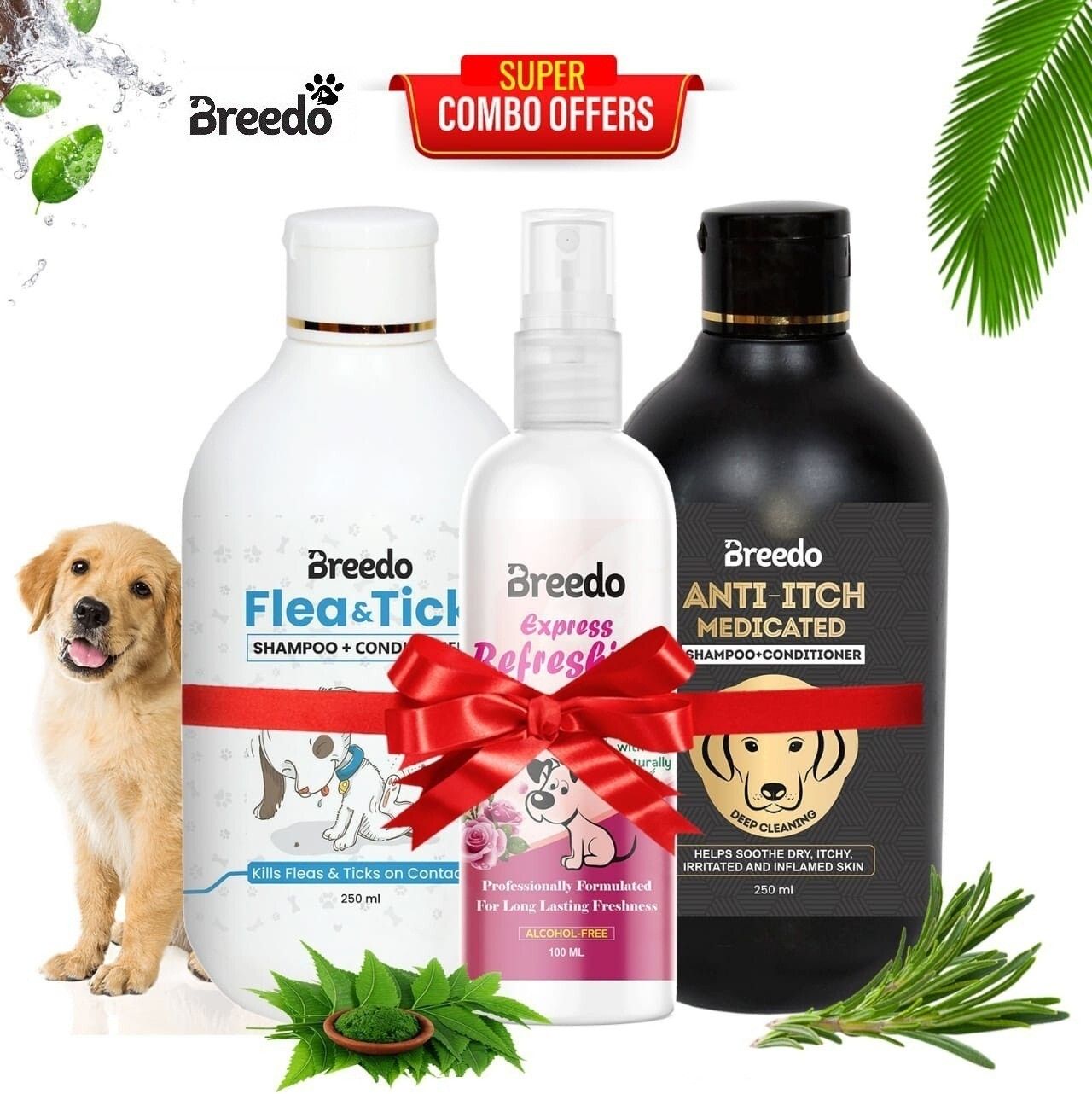 breedo Dog (Combo of 3) Flea-Tick Shampoo + Anti-Itch Shampoo 500 ml + 100 ml Spray Allergy Relief, Conditioning, Anti-fungal, Anti-microbial, Anti-itching, Anti-dandruff Natural Dog Shampoo-picture-0
