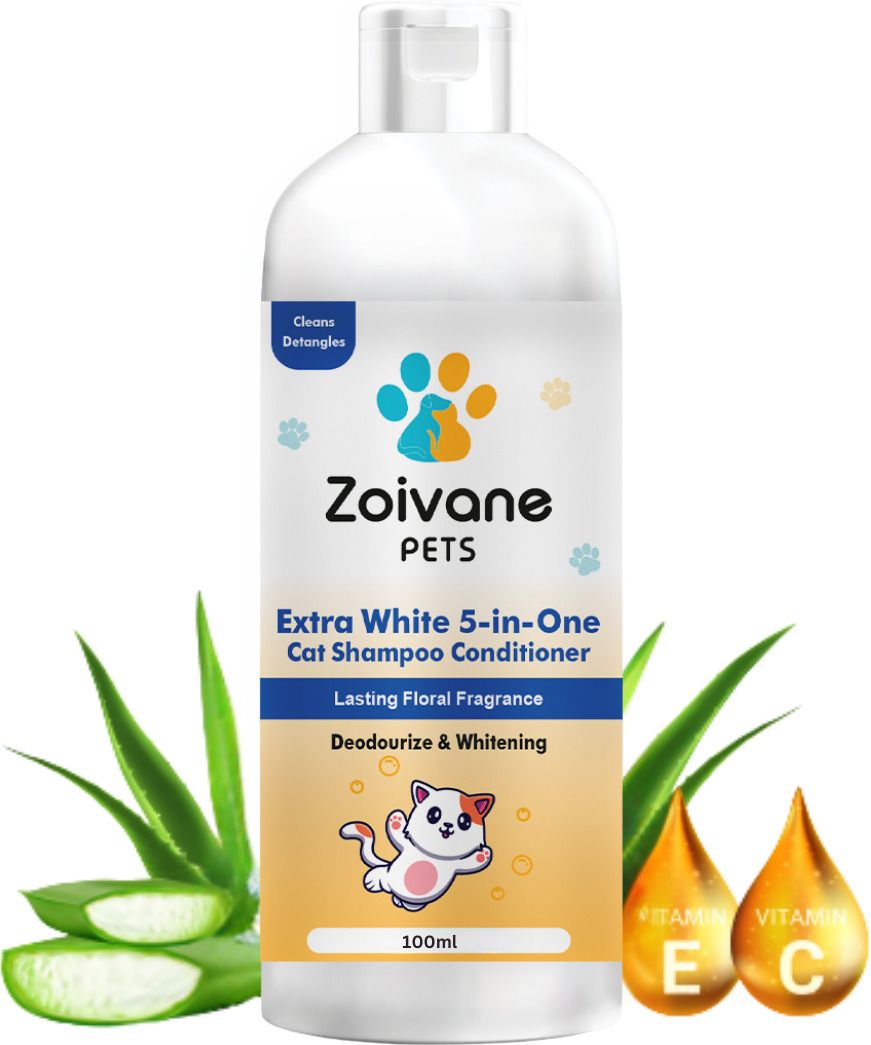 5 in 1 Extra White Cat Shampoo with Conditioner|100% Natural Active Ingredients| Allergy Relief, Anti-microbial, Conditioning, Whitening and Color Enhancing Floral and Sweet Cat Shampoo