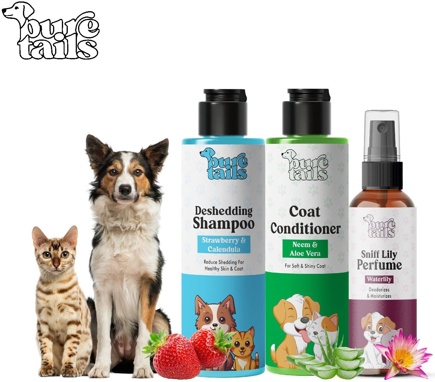 pure tails PET (Combo of 3) Deshedding Shampoo, Coat Conditioner & Sniff Lily Perfume Anti-fungal, Anti-dandruff, Anti-itching, Anti-Inflammatory Strawberry & Calendula, Neem & Aloe Vera, Sniff Lily (Waterlily) Dog, Cat Shampoo-picture-24