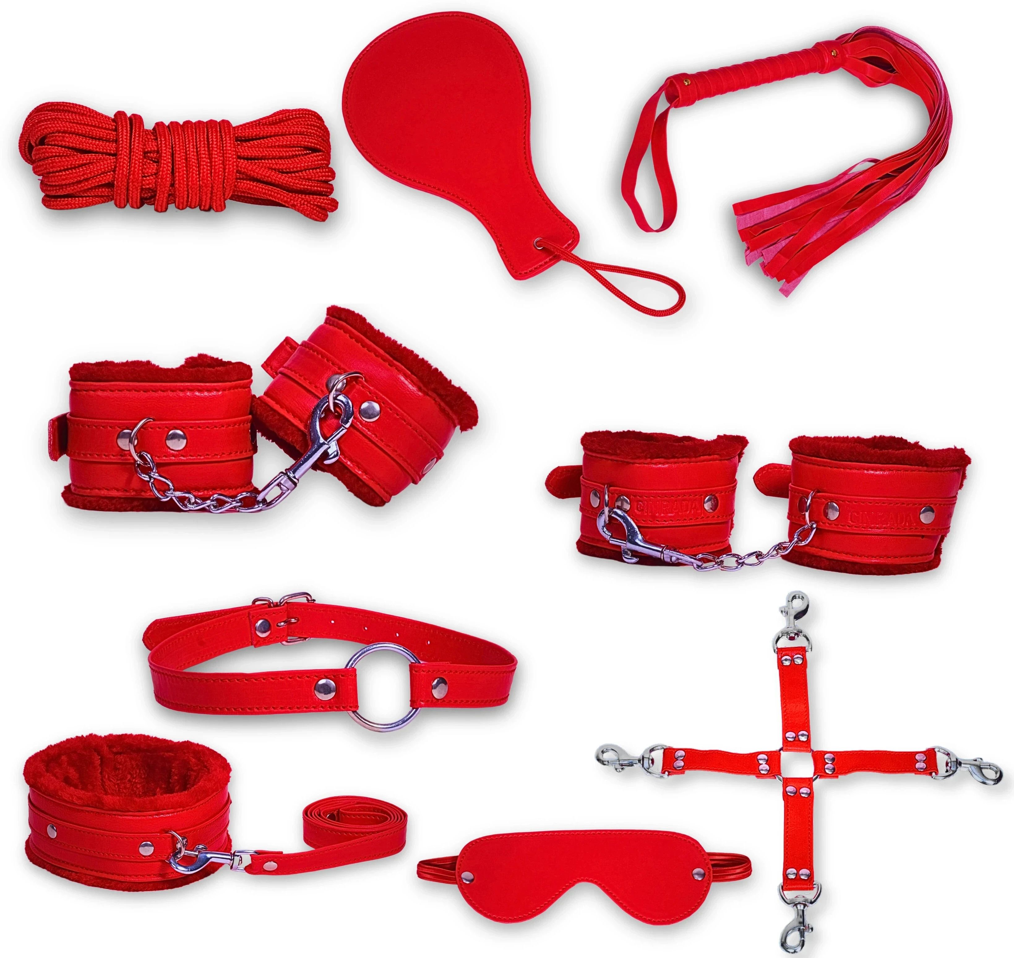 Handcuff Role Play kit Premium Quality Red 9 Pcs Set for Couples Leather Soft Toy For Dog-image-23