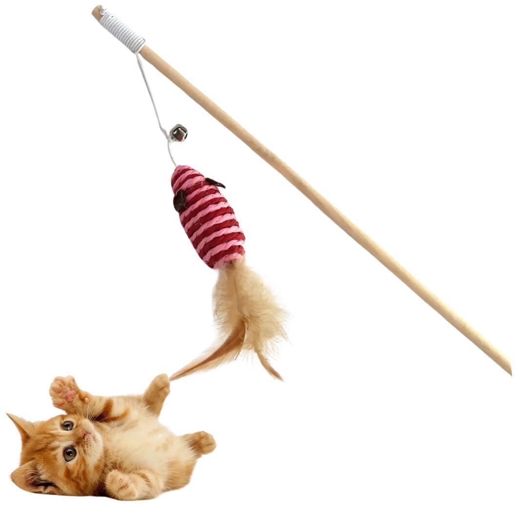 petsoft Feather Mouse Teaser Wand | Interactive Cat Toy with Bells Wooden Training Aid For Dog & Cat-picture-13