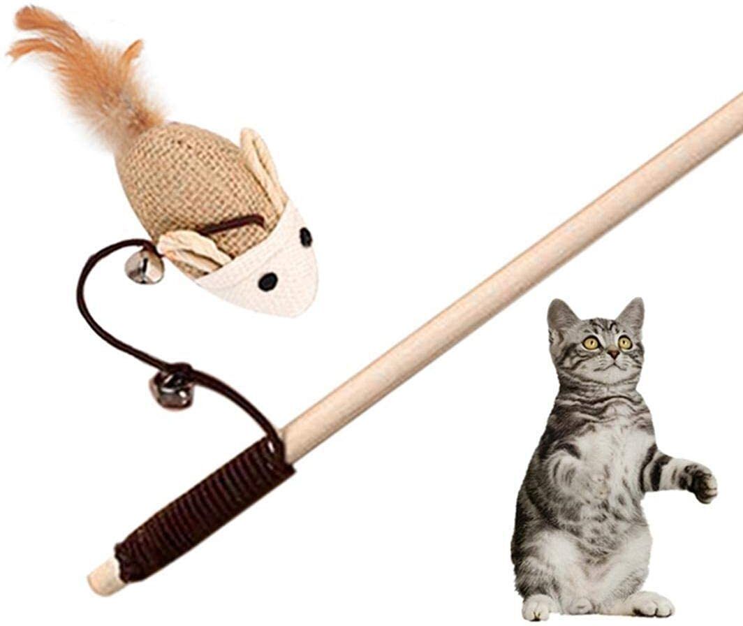 petjoy Cat Toy Teaser Playing Stick with Feathers, Wood Wand Toy, Mouse Bell, 40*67 CM Wooden Stick For Cat-picture-44