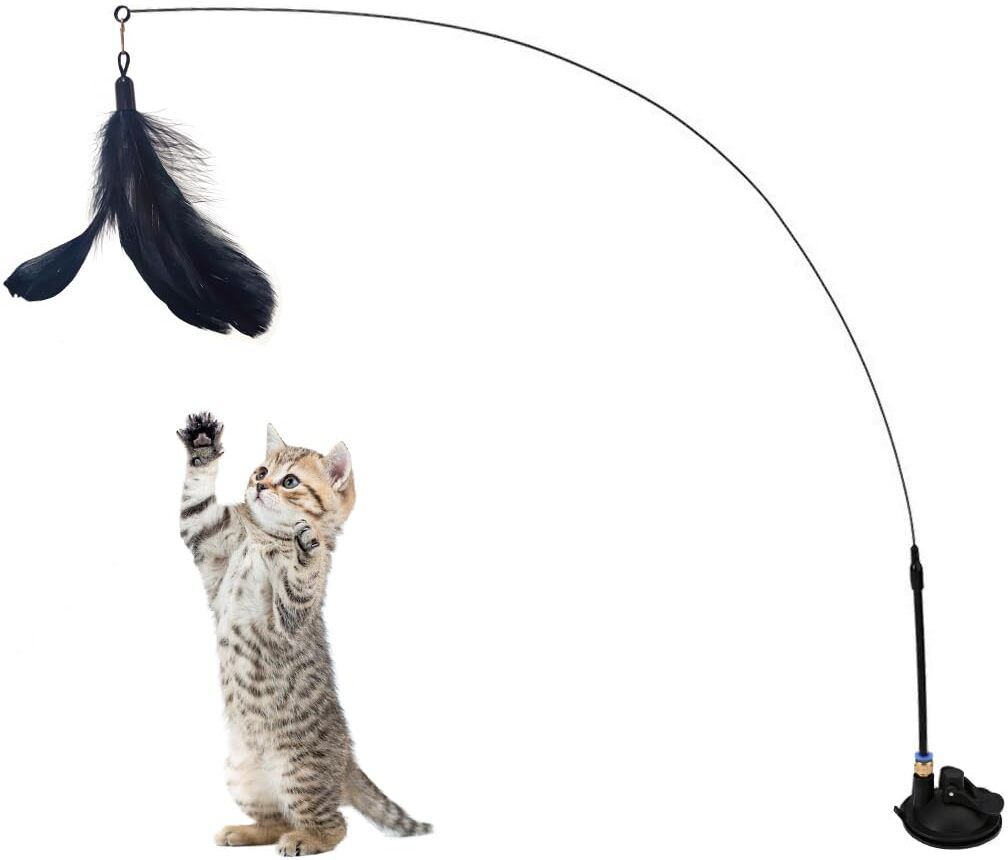 serplex Cat Toys Teaser Wand Suction Cup Feather Teaser Interactive Wand Kitten Toy Fiber Stick For Cat-picture-7