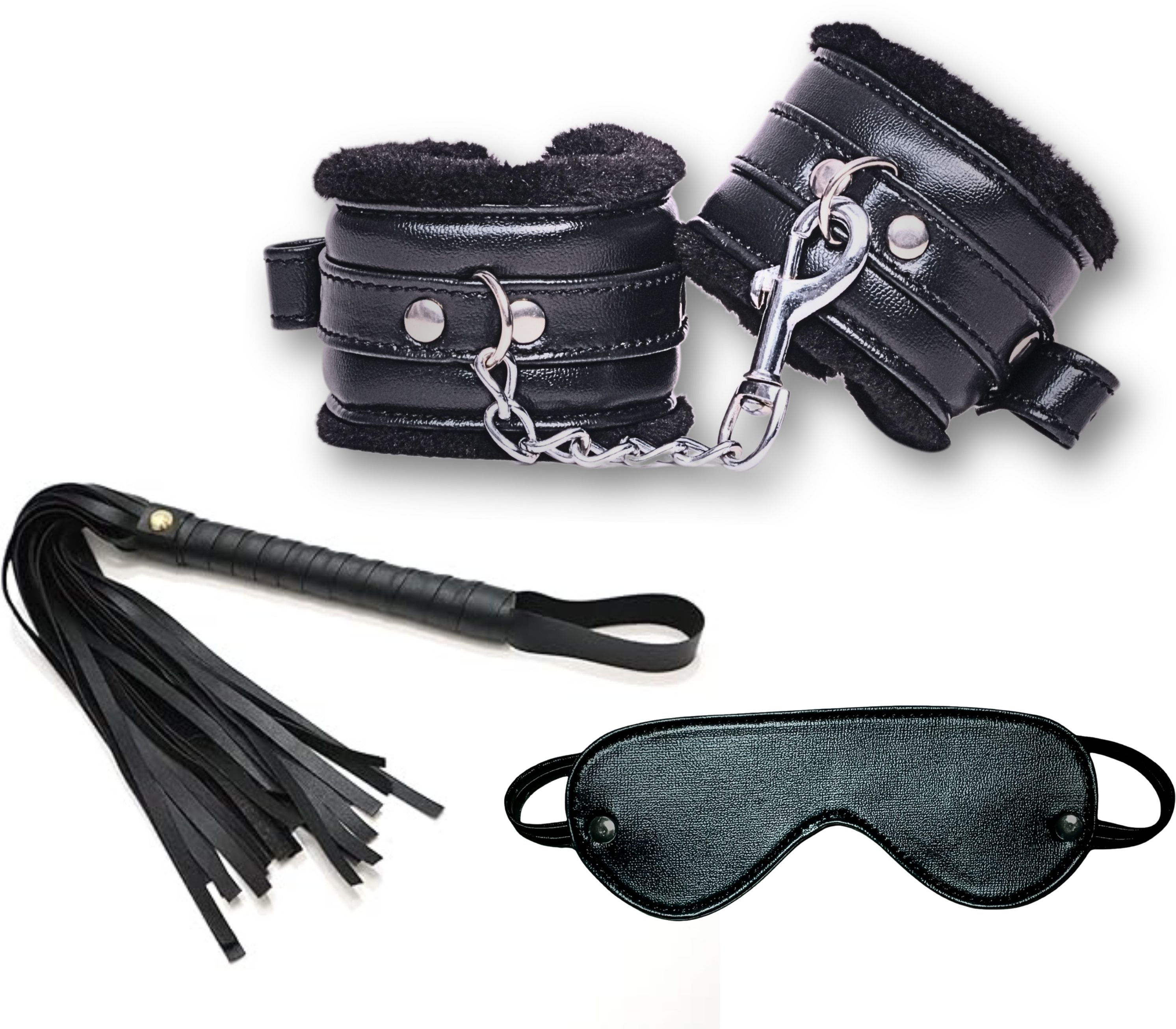 Handcuff Role Play Kit Black – 3 Pcs Combo Set with Cuffs, Flogger & Eye Mask-image-28