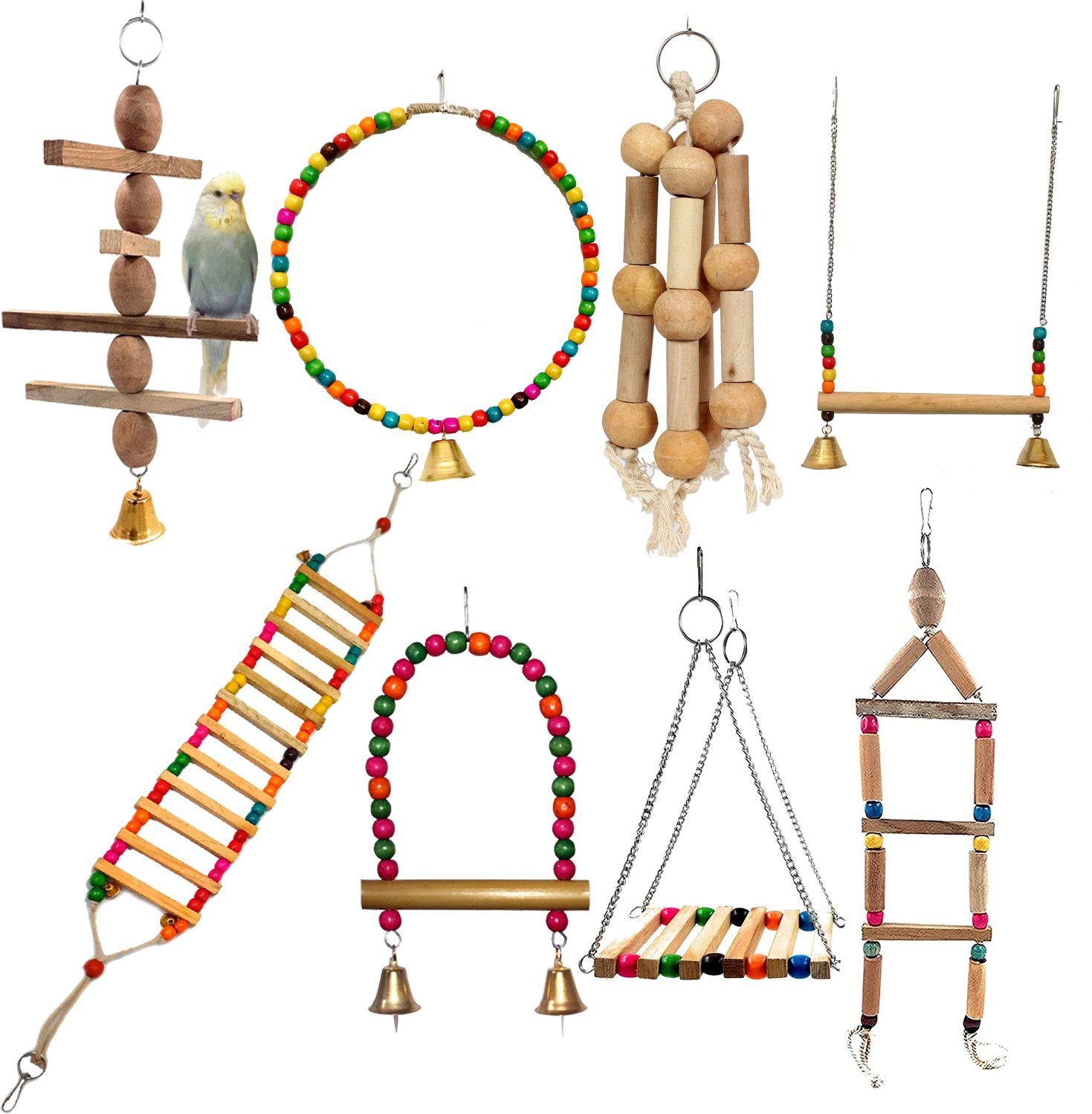 jainsons pet products 8 Pcs Bird Toys, Hanging Bell Pet Bird Cage Swing Toy Wooden Perch Chewing Toy Wooden Chew Toy, Perch For Bird-picture-19