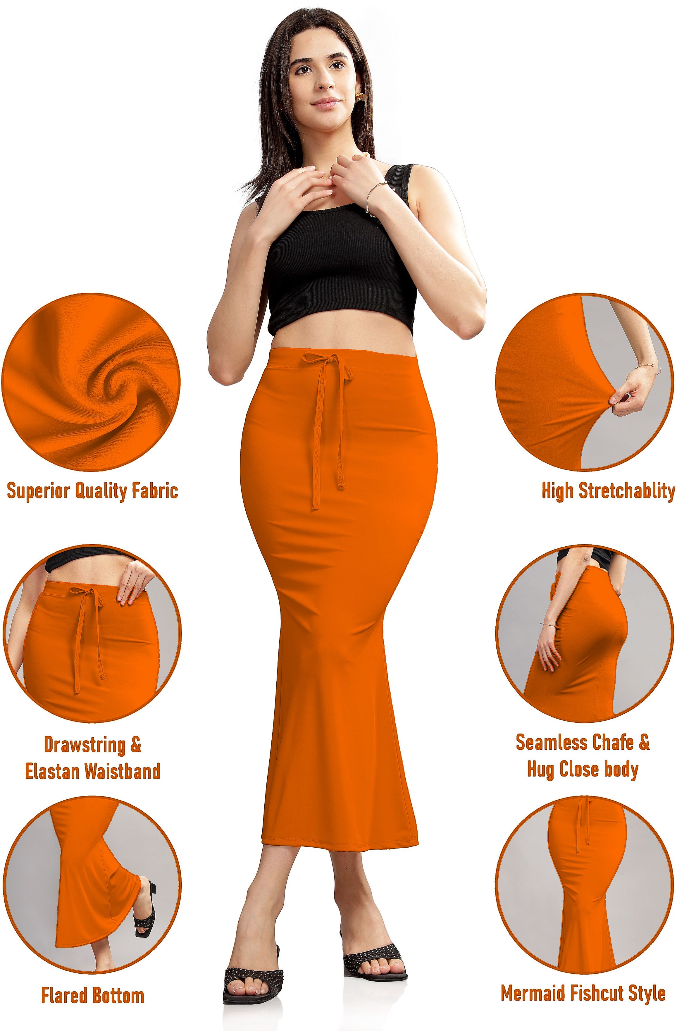 Pink Formal Orange_Women Fishcut High-Waist Stretchable Saree Petticoat & Shapewear Lycra Blend Petticoat-image-28