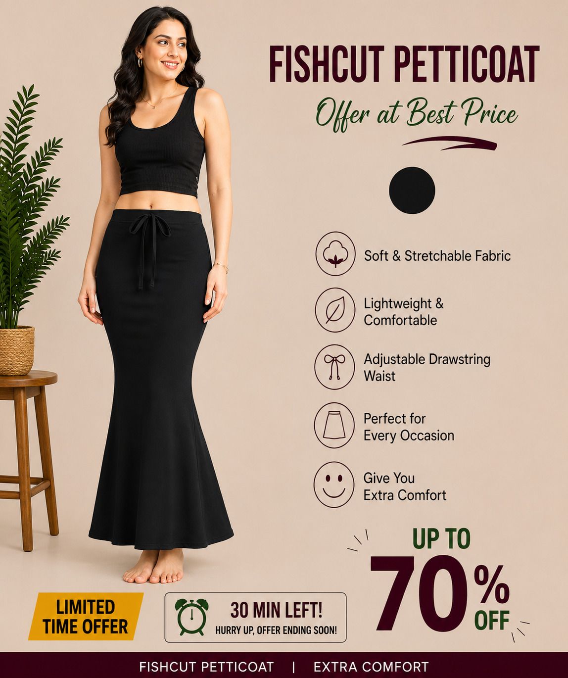FINEST FITS Black Lycra Petti Coat Polyester Petticoat-image-4