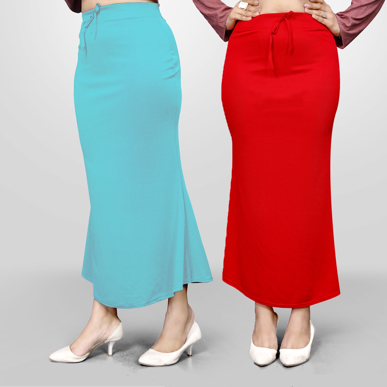 VIDHATA FASHION Petticoat Combo For Women Fish Cut Shape Saree Inskirt Red and Sky Blue Lycra Blend Petticoat-image-4