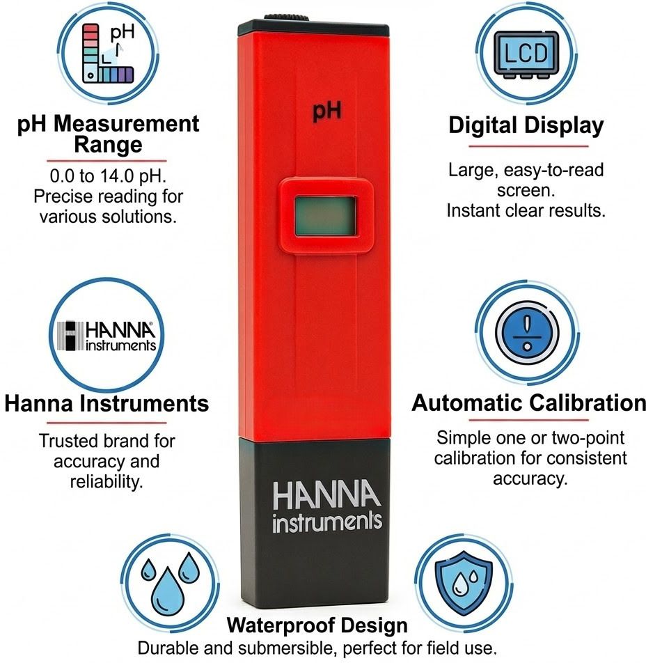 Hanna Digital Pocket pH Meter 0–14 Water-Soil-Aquarium & Hydroponic pH Tester 12 Digital pH Meter-image-21