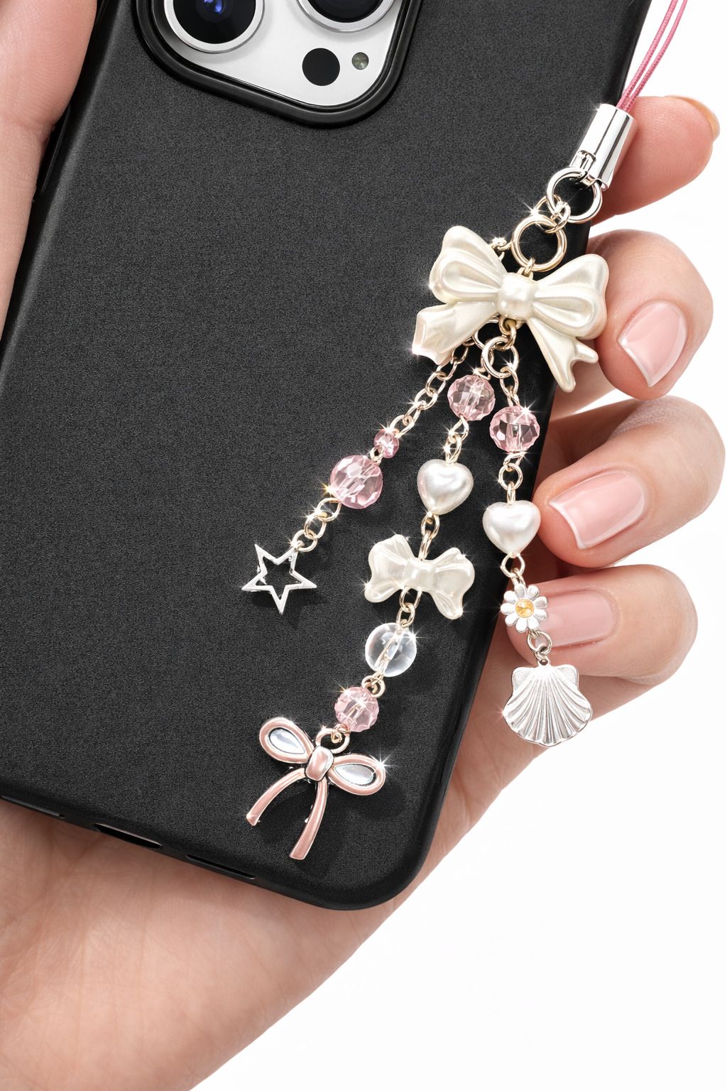 Shilpmart Elegant Pearl Bow Heart Phone Charm Strap Stylish Hanging Mobile Accessory Phone Charm-image-21