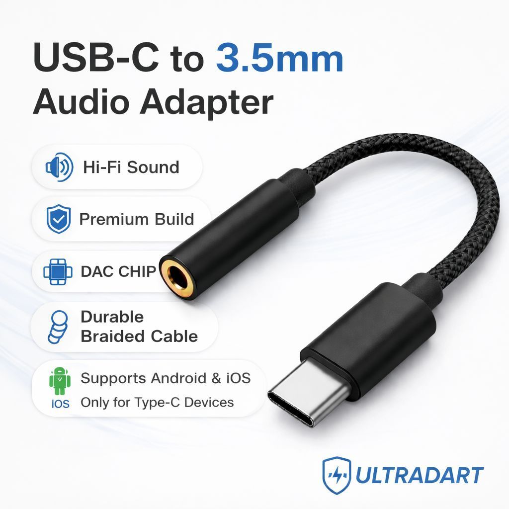 ULTRADART Black Type C to 3.5mm Audio Jack Adapter for Music & Calling Phone Converter-image-20