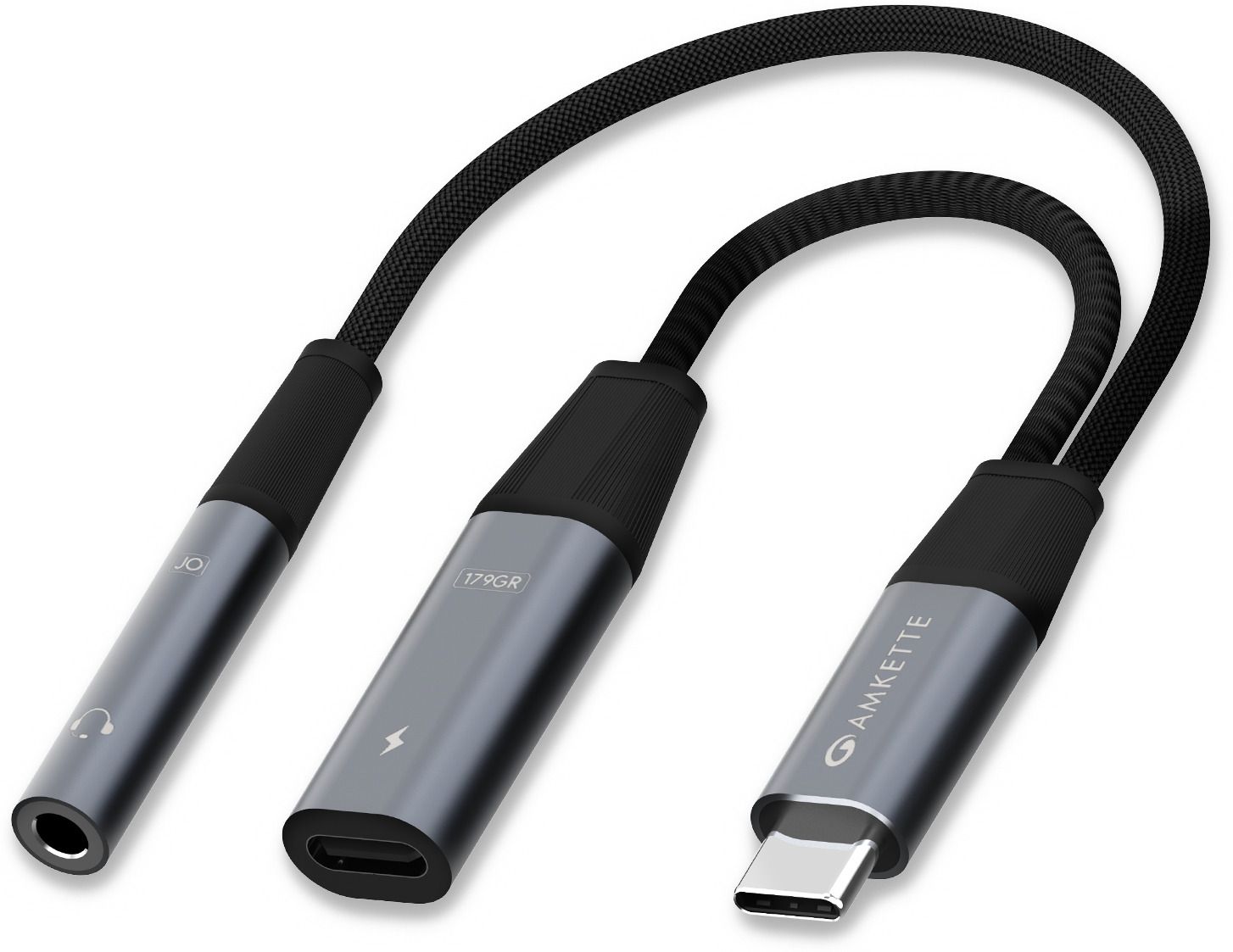 AMKETTE Grey Type-C to 3.5mm Audio Adapter with 60W PD Fast Charging Phone Converter