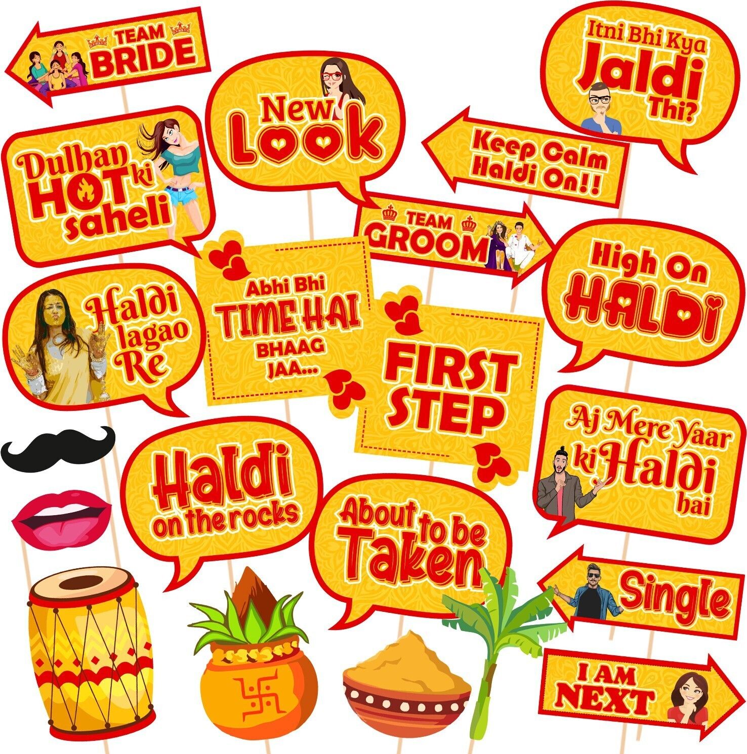 21 Pcs Haldi Props for Photoshoot,Wedding,Haldi Props for Bride Photo Booth Board