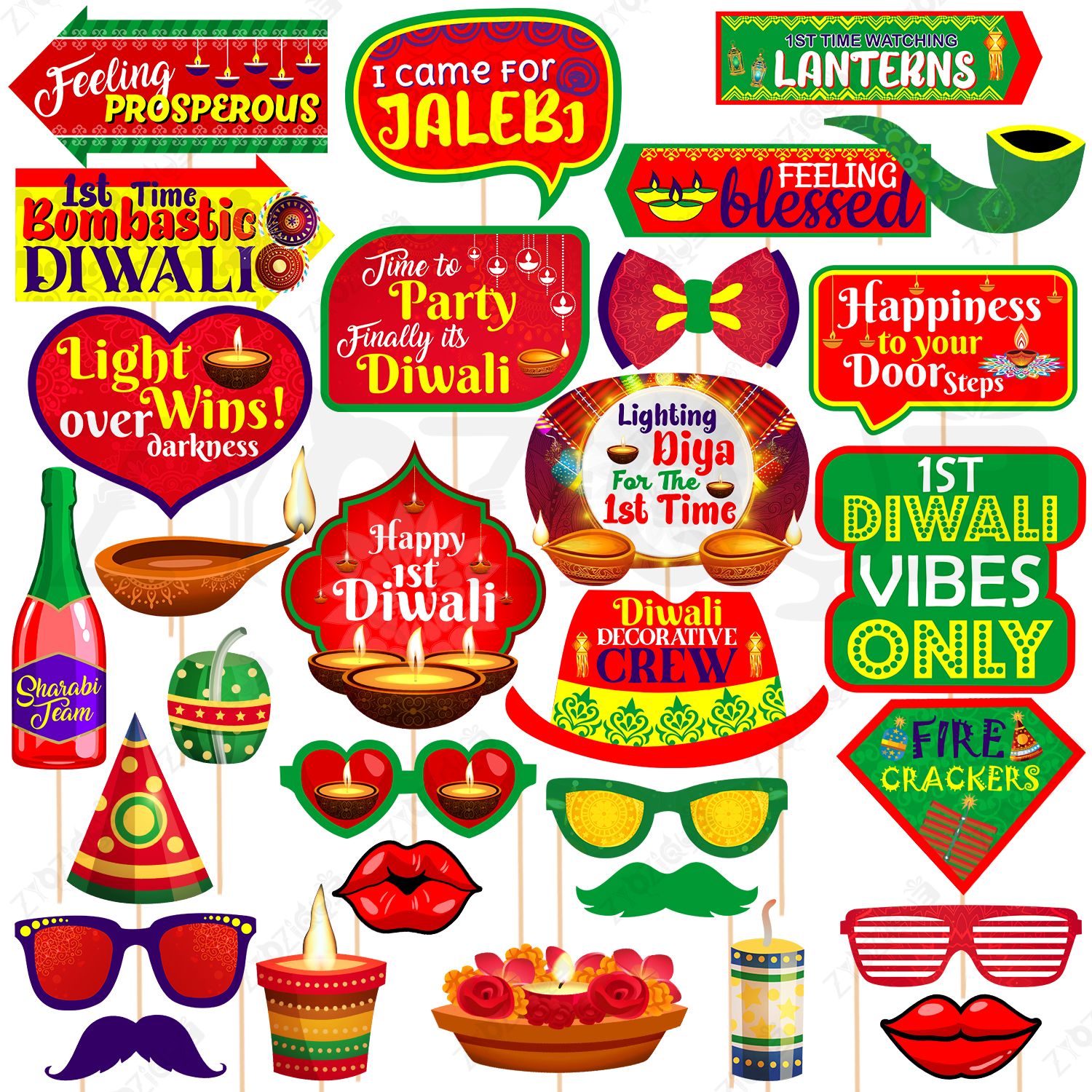 zyozique 30 Pcs 1st Diwali Photo Booth Props Kit, Deepavali Theme Festival of Lights Photo Booth Board-picture-19