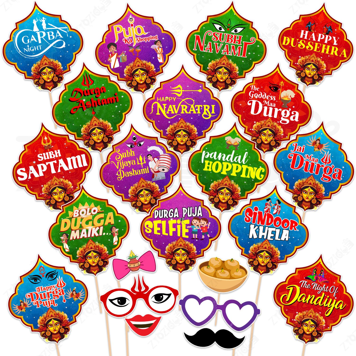zyozique 22 Pcs Happy Navratri Party Photobooth Props Kit Navratri Pooja Decorations Photo Booth Board-picture-29