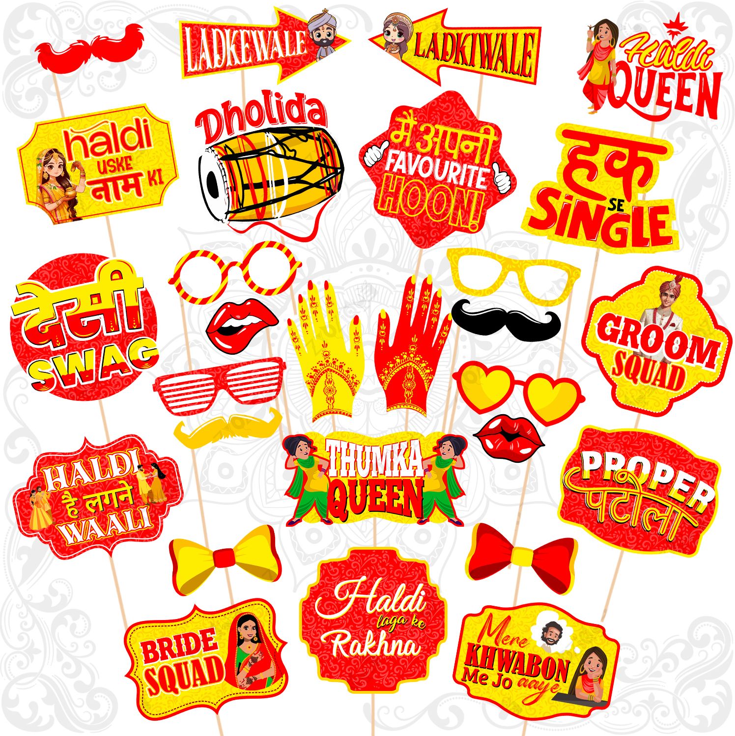 zyozique 28 Pcs Wedding Haldi Photo Booth Props Set, Red and Yellow Party Decorations Photo Booth Board-picture-40