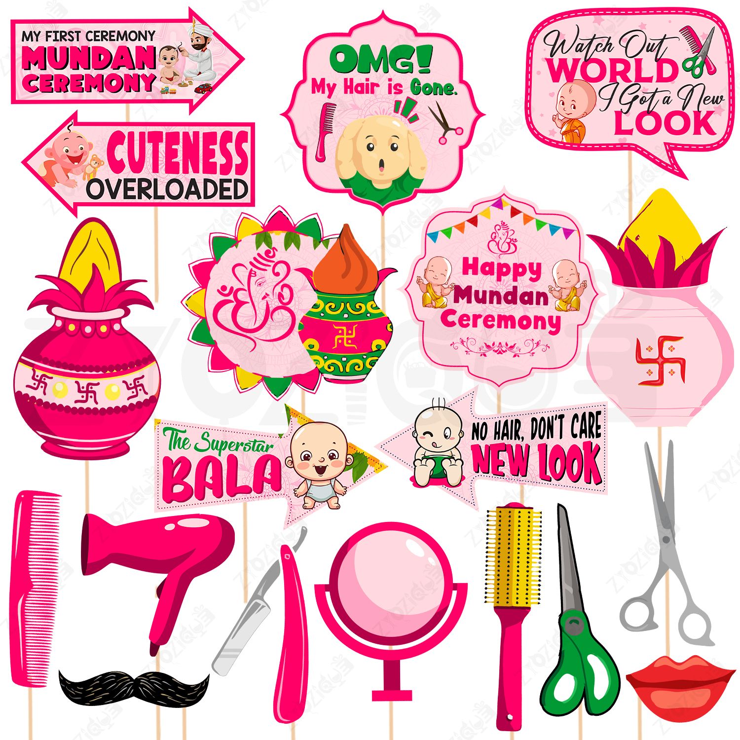 zyozique 19 Pcs Pink Mundan Ceremony Decorations Photo Booth | Mundan Ceremony Decoration Photo Booth Board-picture-42