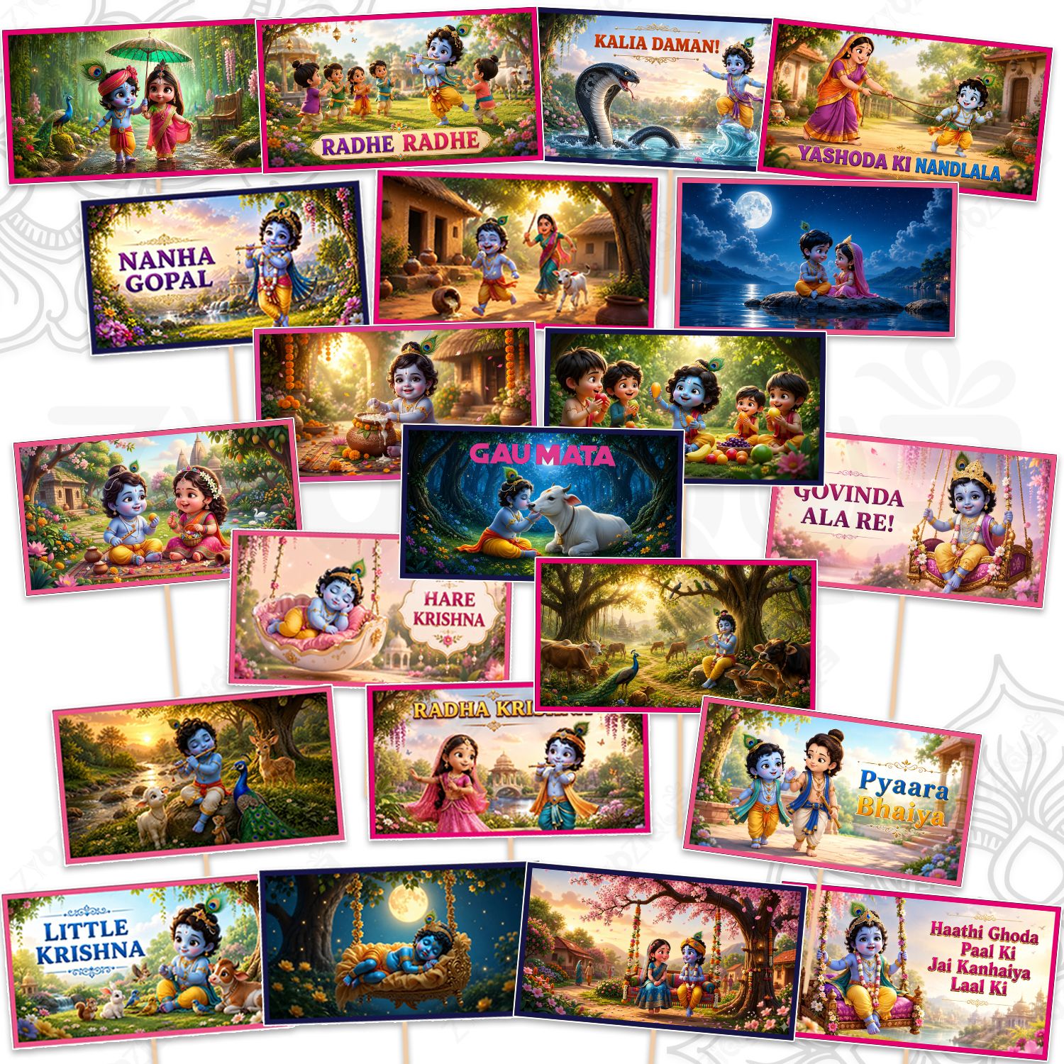zyozique 24 Pcs Janmashtami PhotoBooth Props, Krishna Theme Photo Props with Bamboo Stick Photo Booth Board-picture-14