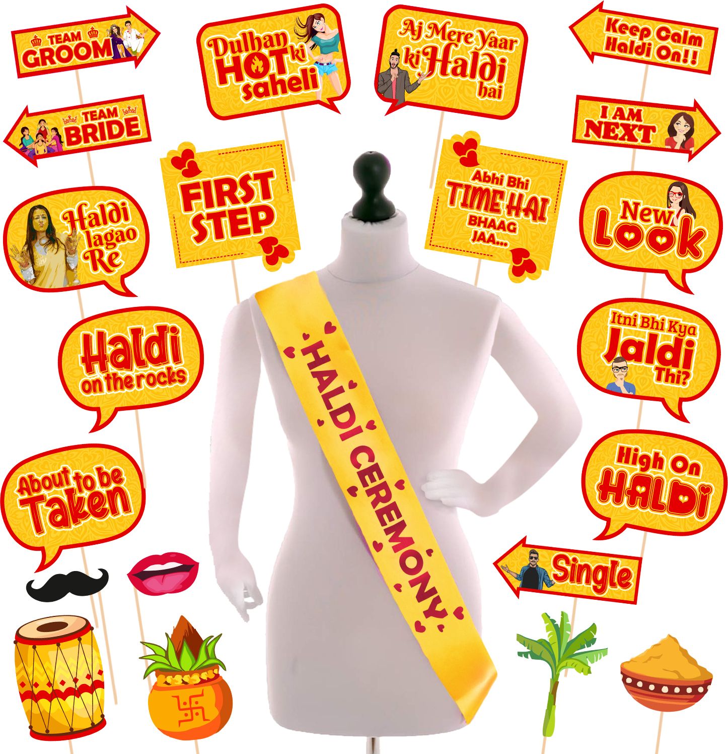 21 Pcs Haldi Props for Photoshoot With 1 Pc Haldi Ceremony Sash for Wedding Photo Booth Board-image-8