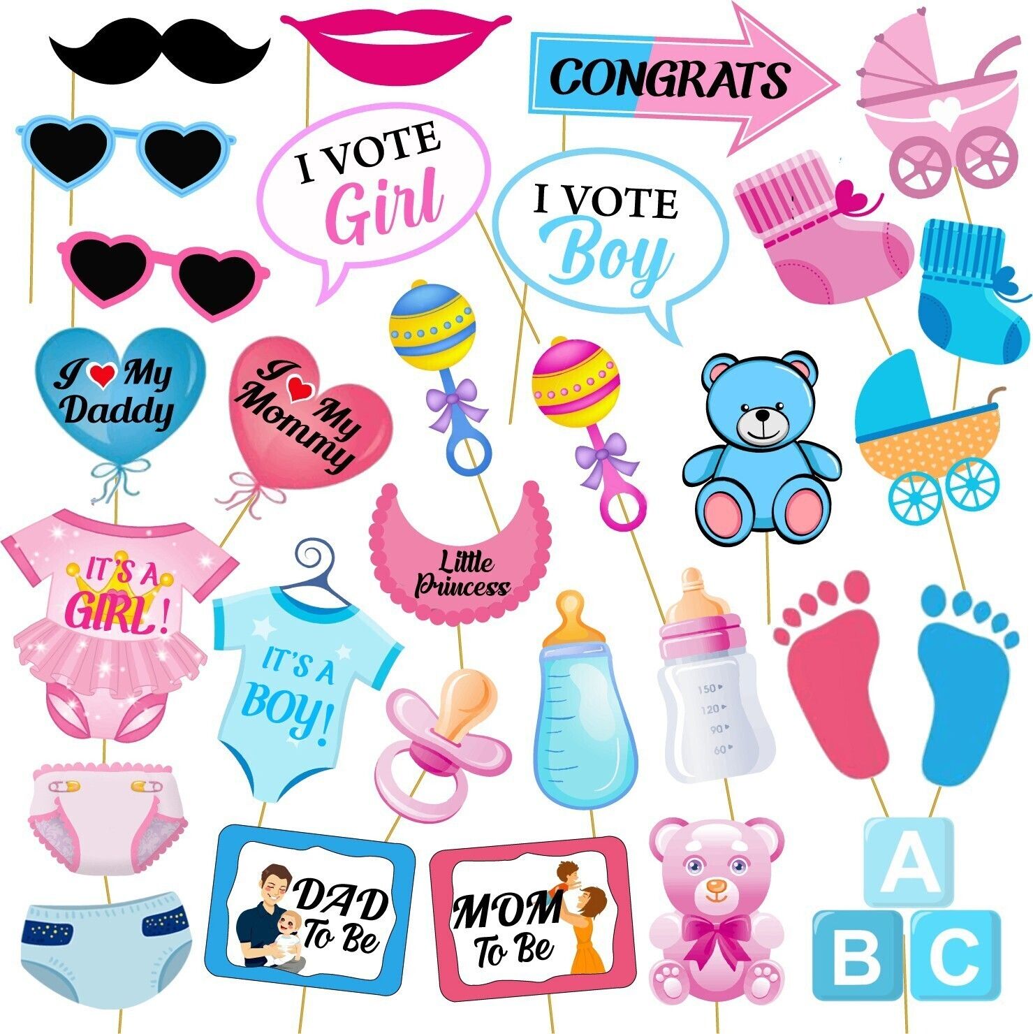 30 Pcs Baby Photo Booth Props Gender Reveal Party Boy or Girl Shower Birthday Party / DIY Baby Shower Photo Booth Props Funny Creative Birthday Decor For Celebrating Birthday Photo Booth Board