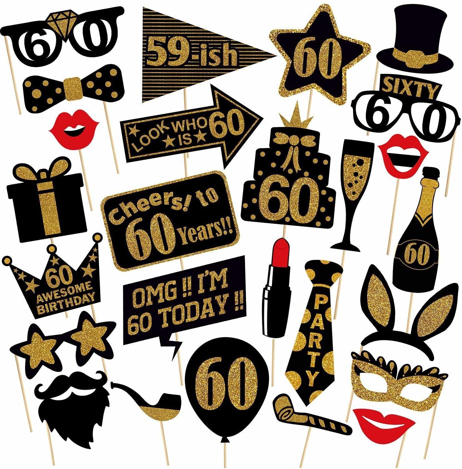 zyozi Fully Assembled 60th Birthday Photo Booth Props - Set of 26 - Black & Gold Selfie Signs - 60th Party Supplies & Decorations - Cute 60th Bday Designs Photo Booth Board-picture-11