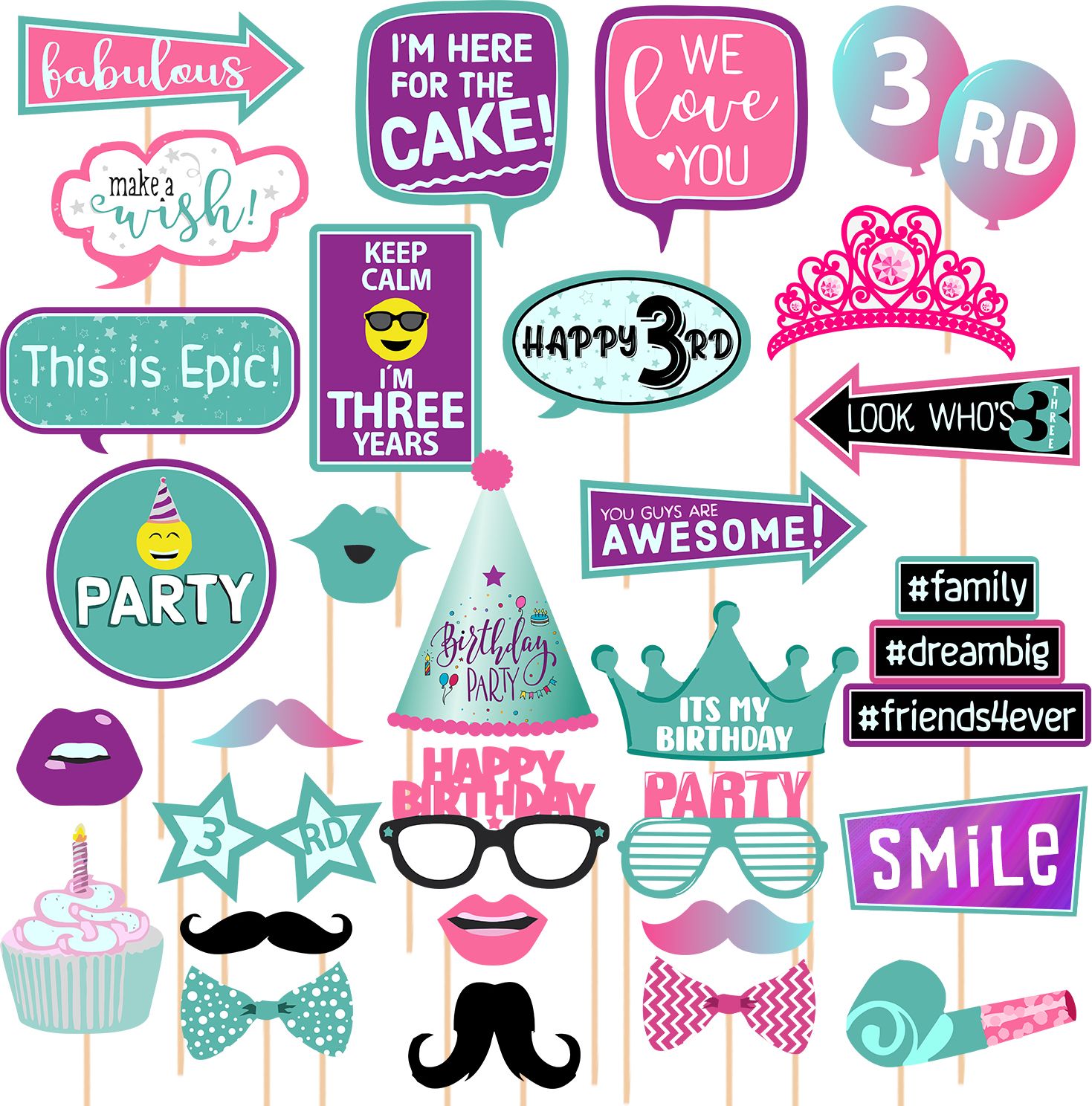 30 Pieces 3rd Birthday Photo Booth Props Kit Colorful Funny Kid 2nd Birthday Photo Booth Board-image-28