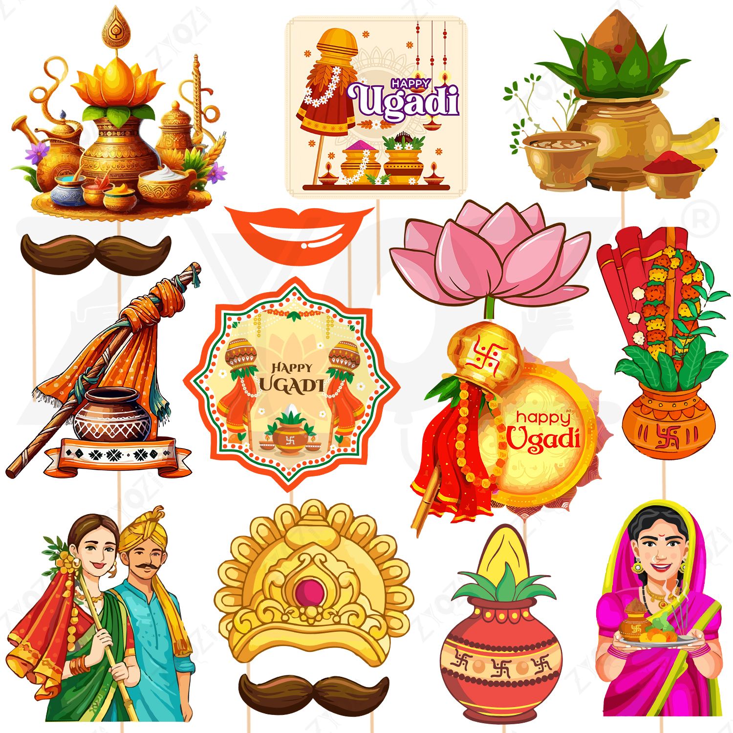 zyozi Happy Ugadi Festival Celebration Decorative PhotoBooth Props (Pack Of 15) Photo Booth Board-picture-12