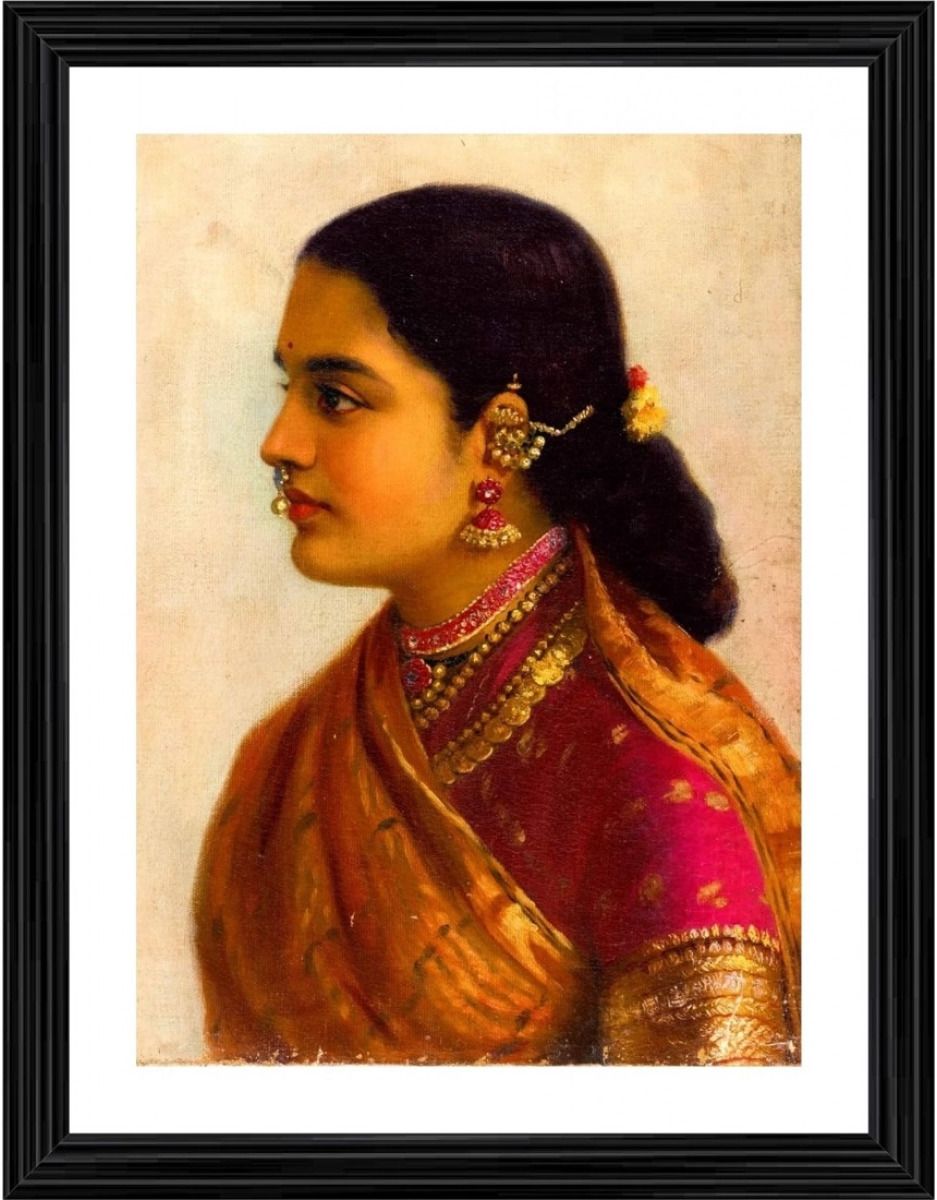 absecom Lady in Crimson Red Saree 1900 Painting With Wood Photo Frame 14 inch frame-picture-12