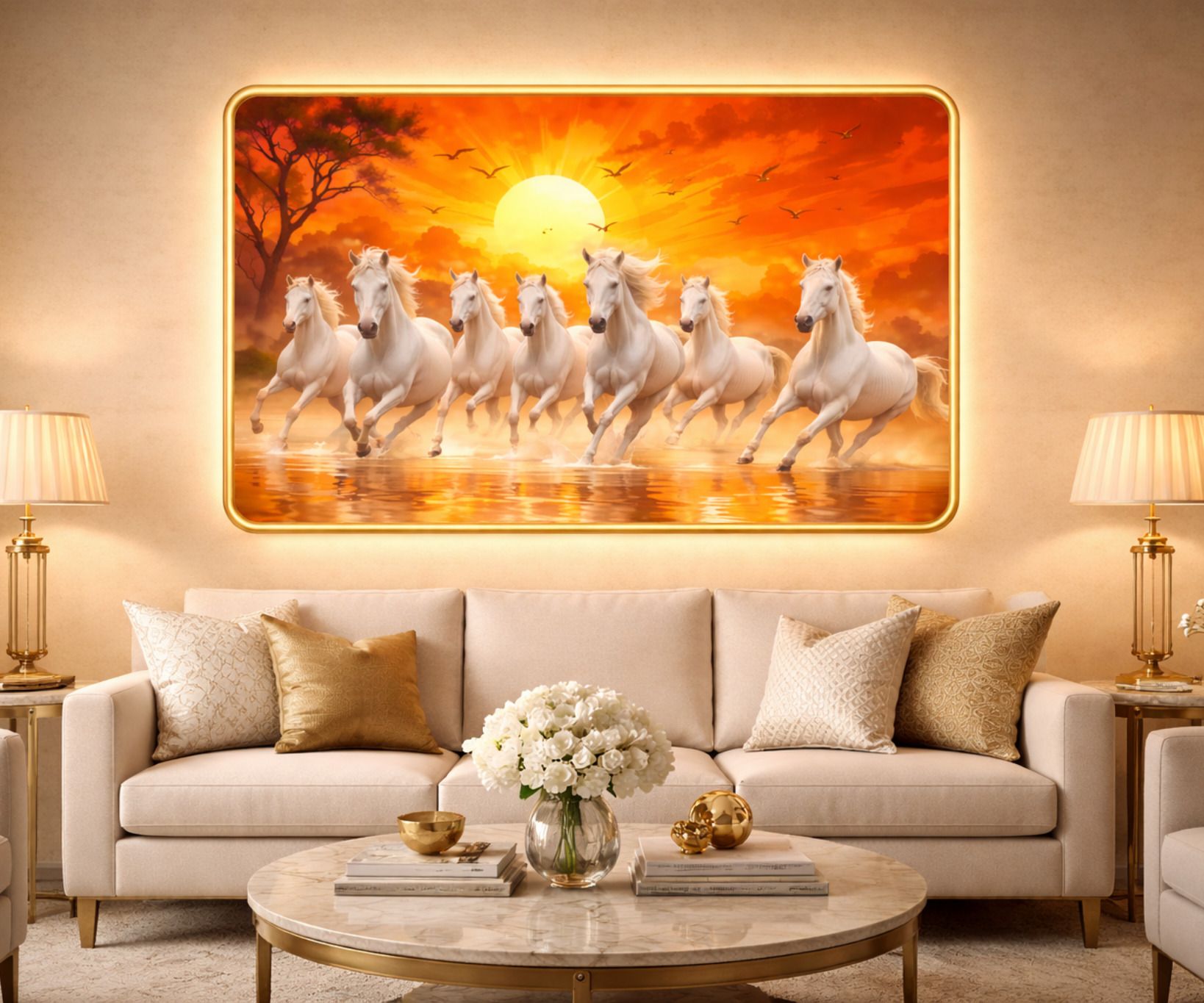 7 Horsh crystal wall painting, home decor | Gifting | size 12x18 inc 18 inch Mdf golden tone touch frames-image-48