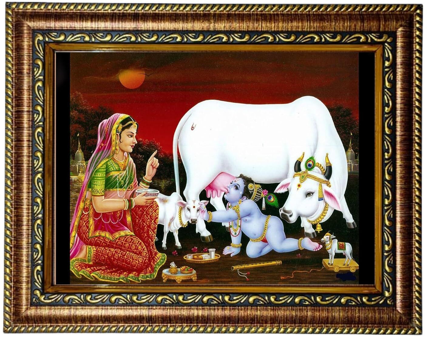 hitech Yashoda Reprimands Bal Gopal Drinking Milk from Cow's Udder Painting 8 inchPhoto Frame-picture-0