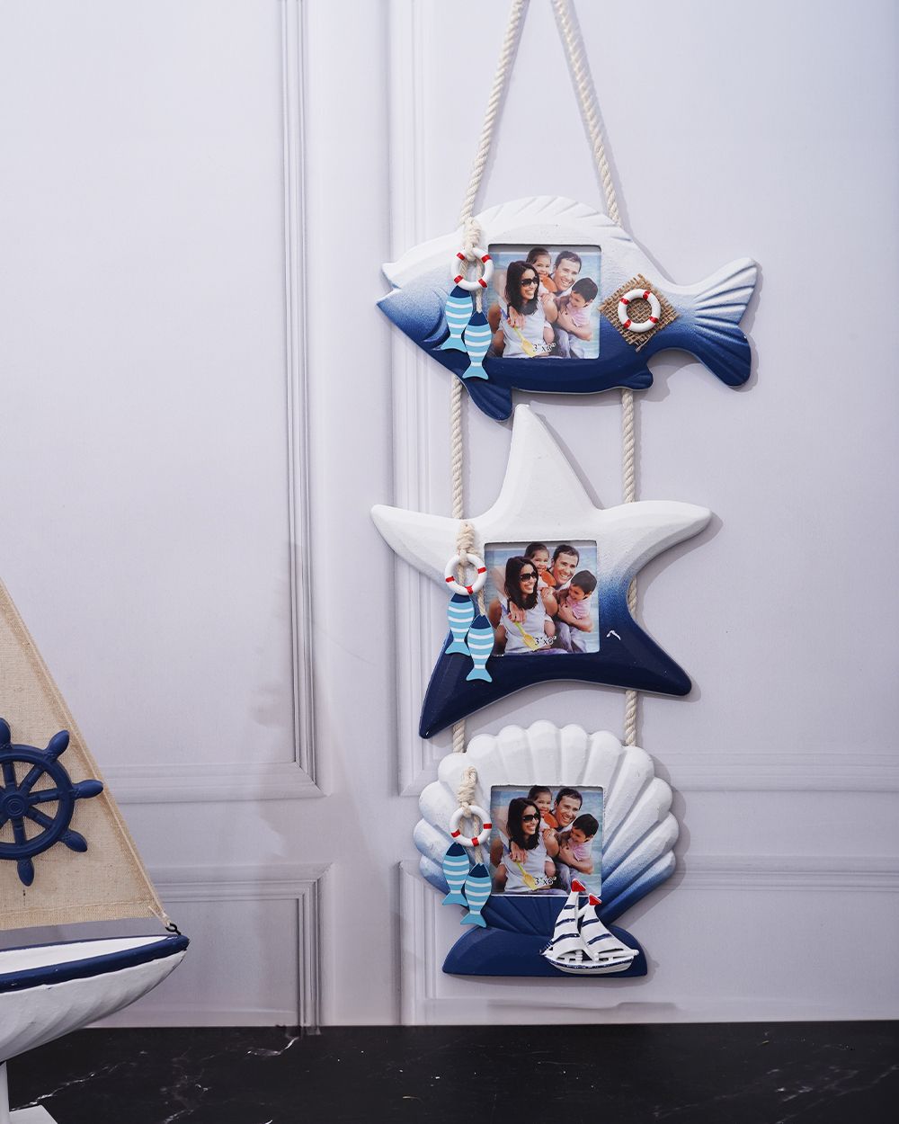 aarvidecor Nautical Theme Hanging Photo Frame – Set of 3 (Fish, Star, Shell) 6 inch Rustic-picture-20