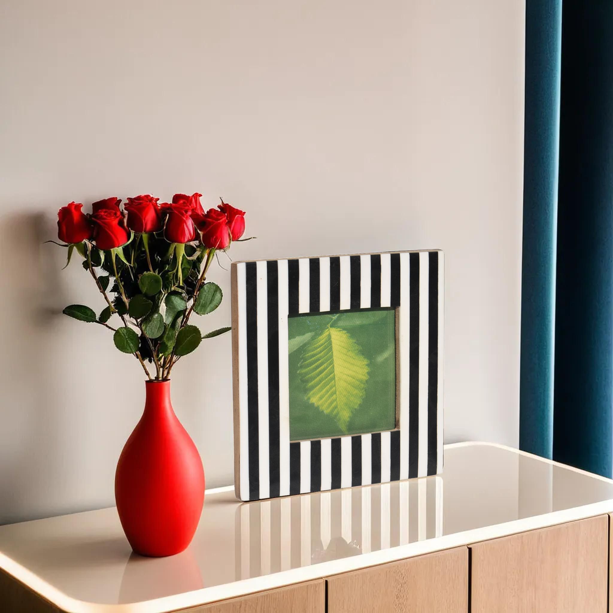 Elegant Wooden Black & White strips Resin Table Photo Frame for Home Décor 6.5 inch Table Decor, Wall Decor, Office Decor-image-49
