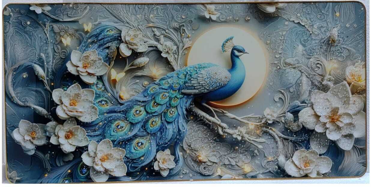 5D Decorative Wall Scenery of Peacock with Golden PVC Frame – 24 x 48 Inches 48 inch Wall Painting / Wall Scenery