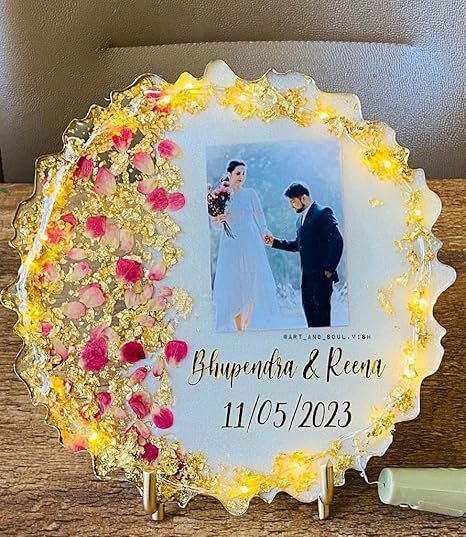 prismaticpour Polymer Table Photo Frame (White, 1 Photo(s), 6x6 With Golden stand and light) 6 inch x6-picture-29