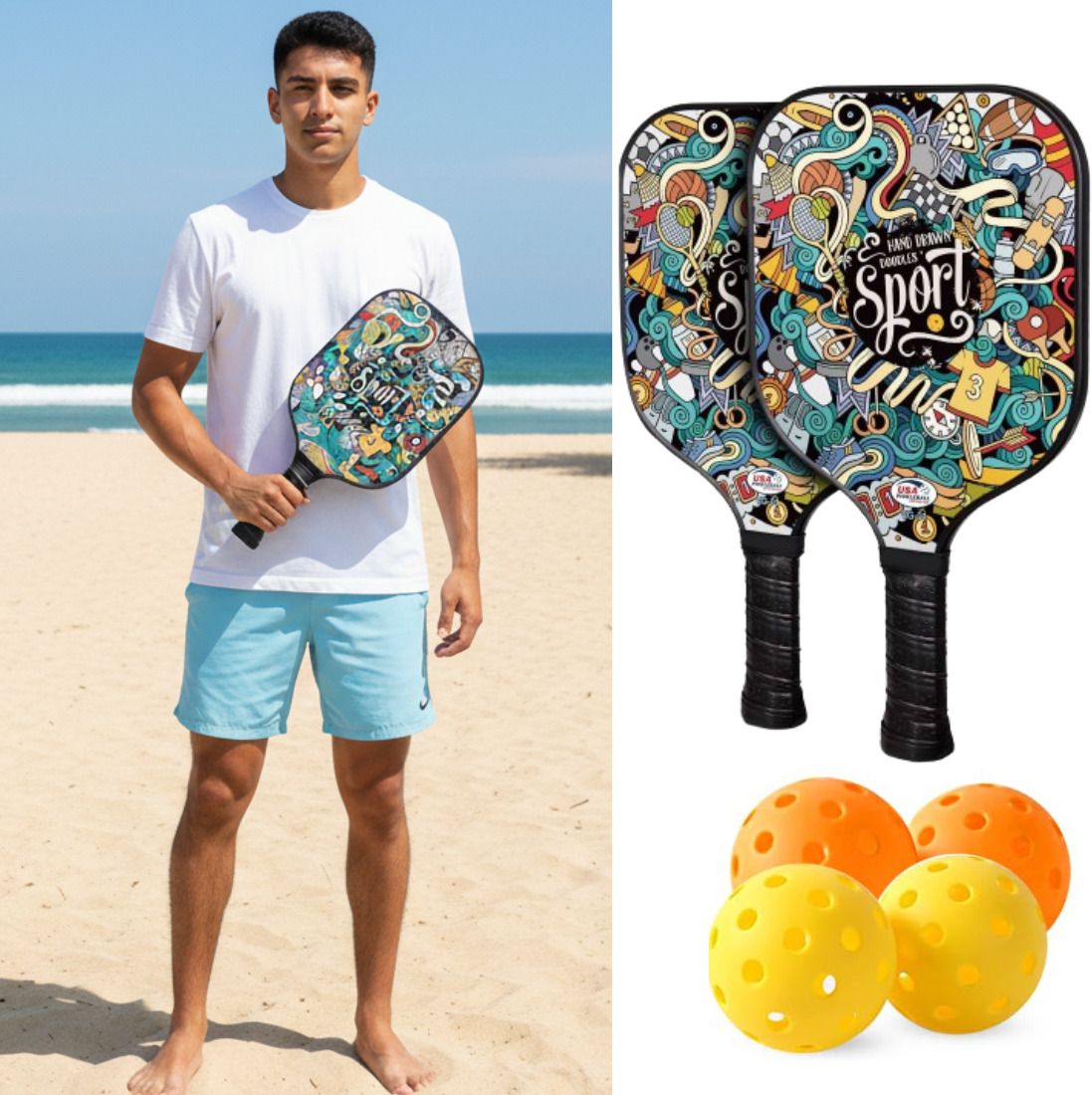 Pickleball Paddle Kit with Carry Bag | Anti-Slip Handle Paddles +4 Outdoor Balls Pickleball Paddle