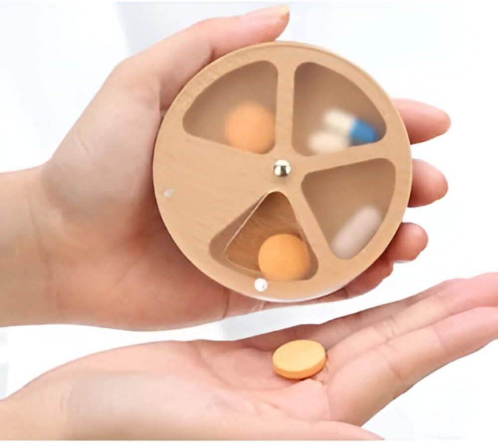 xsource Wooden Rotating Pill Organizer – 4 Compartment Portable Round Pill Box EcoTurn Wooden Rotating Multi Storage Organizer Pill Box-picture-11