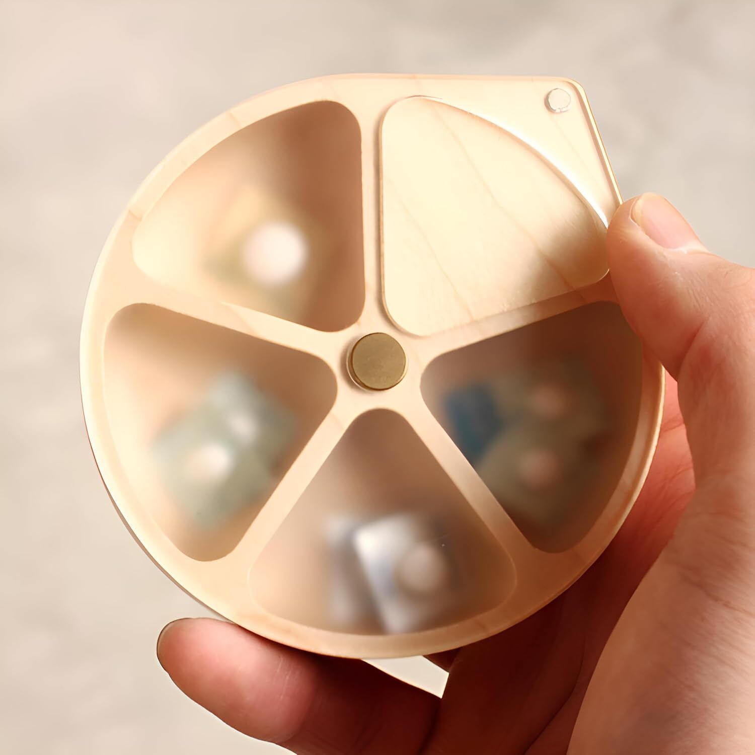 Wooden Rotating Pill Organizer – 4 Compartment Portable Round Pill Box PocketDose Travel Pill Organizer Round 5 Section Box Pill Box-image-8