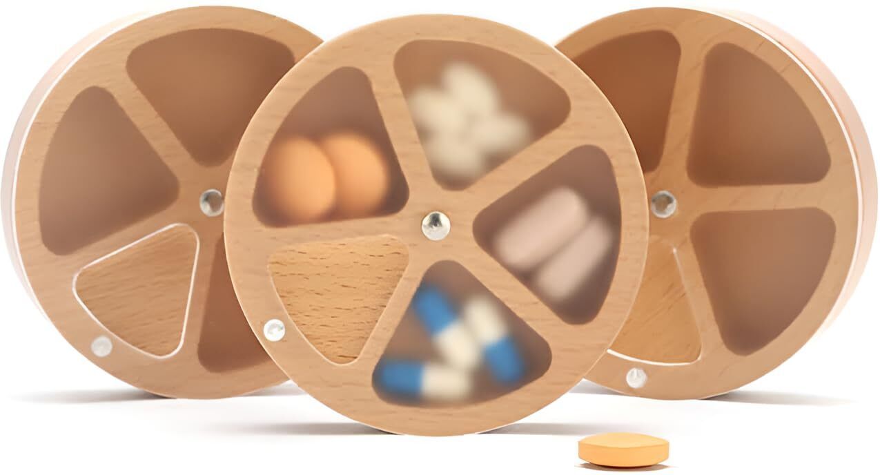 Wooden Rotating Pill Organizer – 4 Compartment Portable Round Pill Box RoundVault Wooden 5 Compartment Storage Case Pill Box-image-2